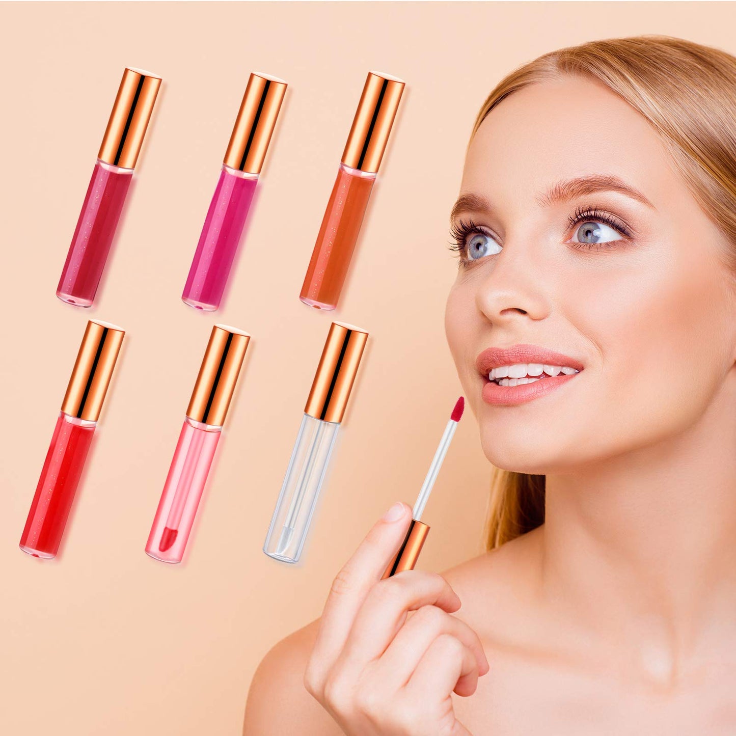 Nuanchu 100 Pcs 10 ml Empty Lip Gloss Tubes Clear Mini Refillable Lip Balm Gloss Containers Bottles Plastic Lip Gloss Containers Lip Gloss Tubes with Wand and Rubber Inserts DIY Makeup (Rose Gold)
