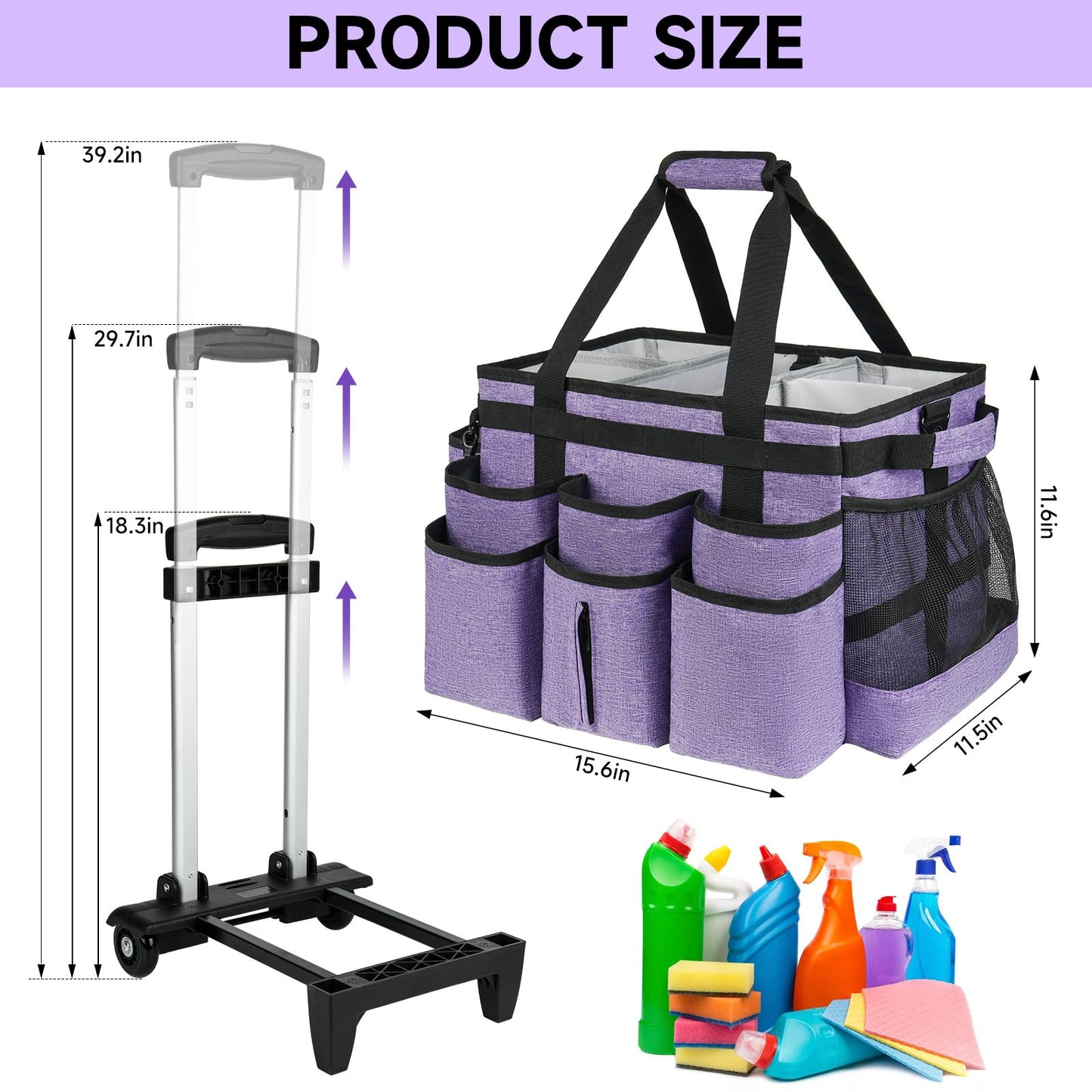 ZIOZERTT Large Rolling Cleaning Caddy Bag with Detachable Trolley,Cleaning Cart on Wheels with Shoulder Strap,Cleaning Supplies Organizer for Housekeepers,Purple