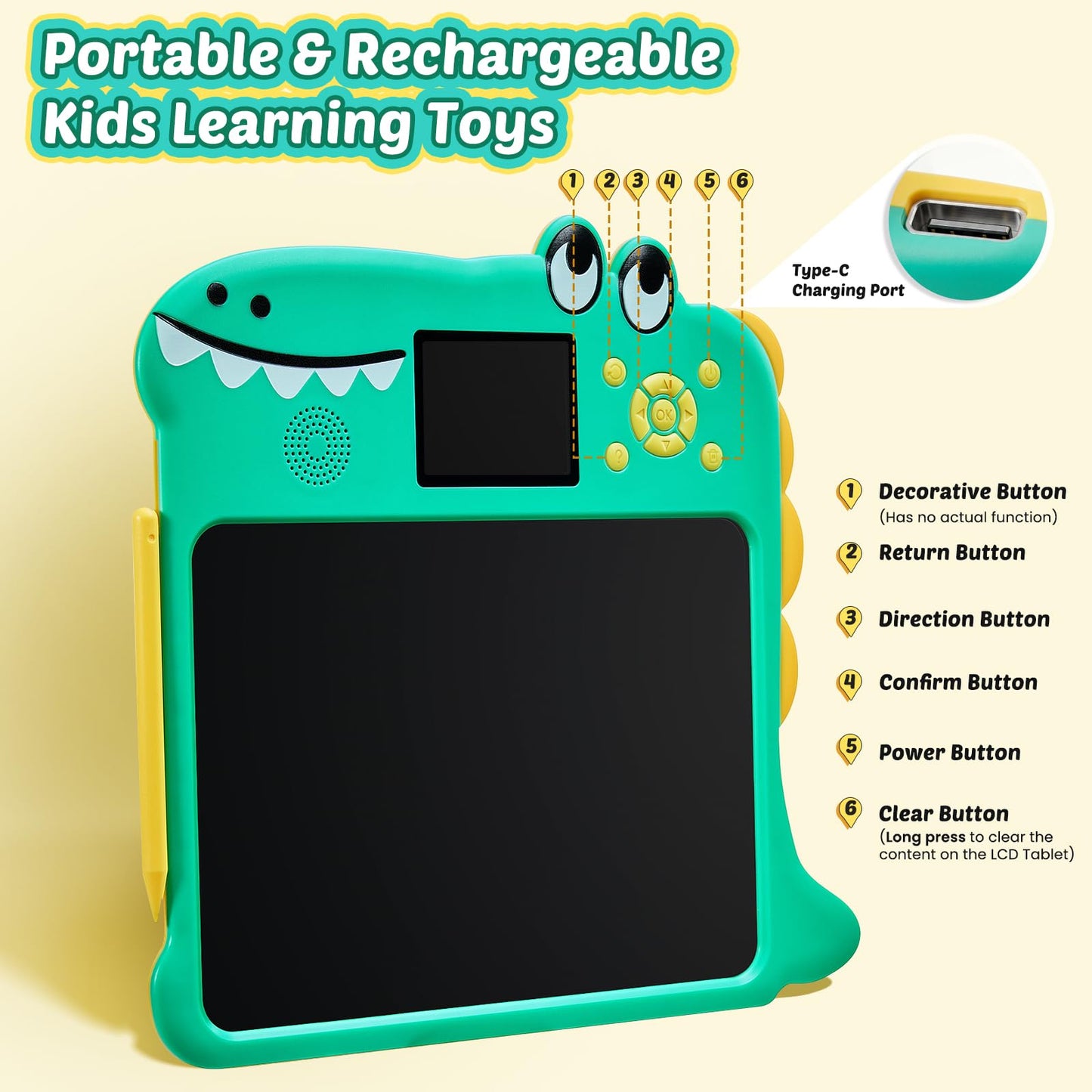 2-in-1 LCD Writing Tablet for Kids & Learning Tablet for Kids Ages 4-8 (17 Learning Themes), Charging Erasable Board, Educational Learn Alphabets Toys Birthday Gifts for Girls Boys