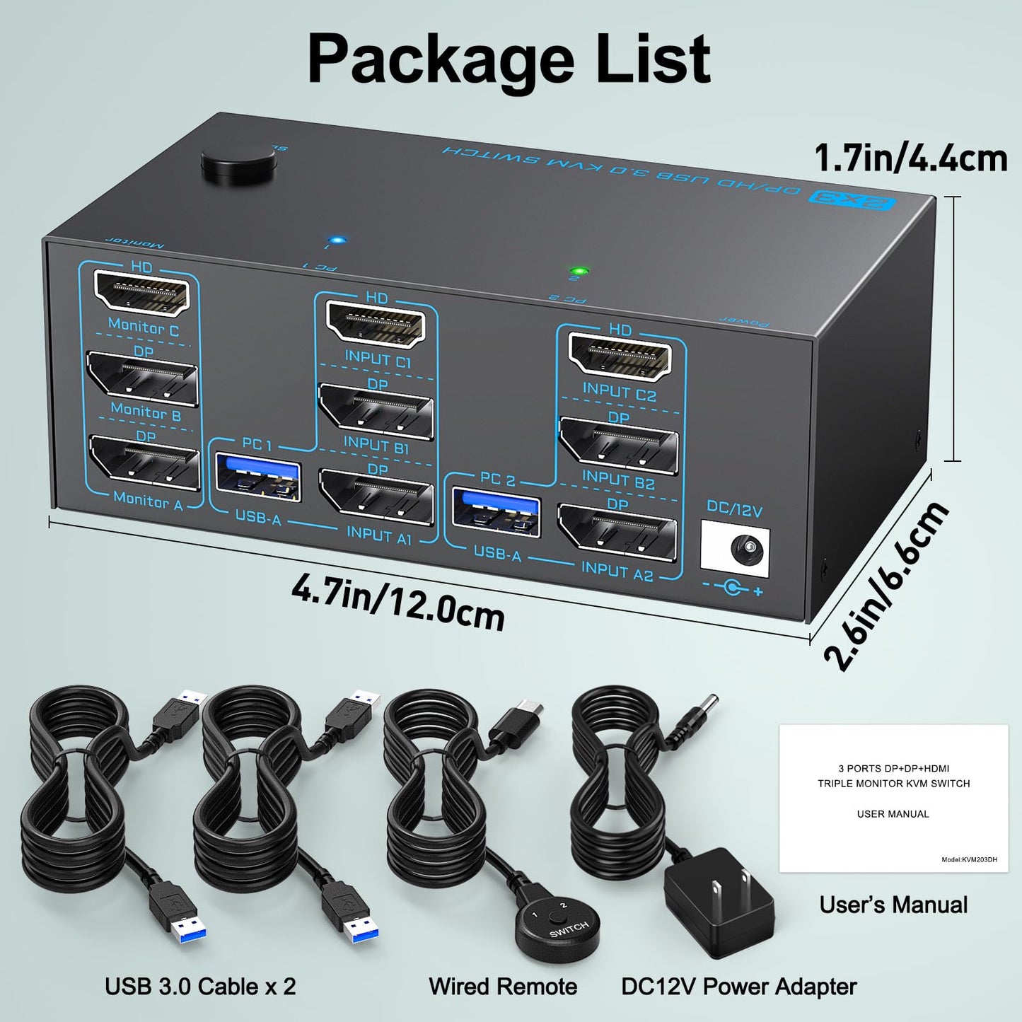 8K KVM Switch 3 Monitors 2 Computers Triple Monitor 2 Displayport 1.4 and HDMI 2.1 USB 3.0 KVM Switches, DP 1.4 Supports 8K@30Hz/4K@144Hz, HDMI Supports Max 8K@60Hz /4K@120Hz with Wired Remote Control