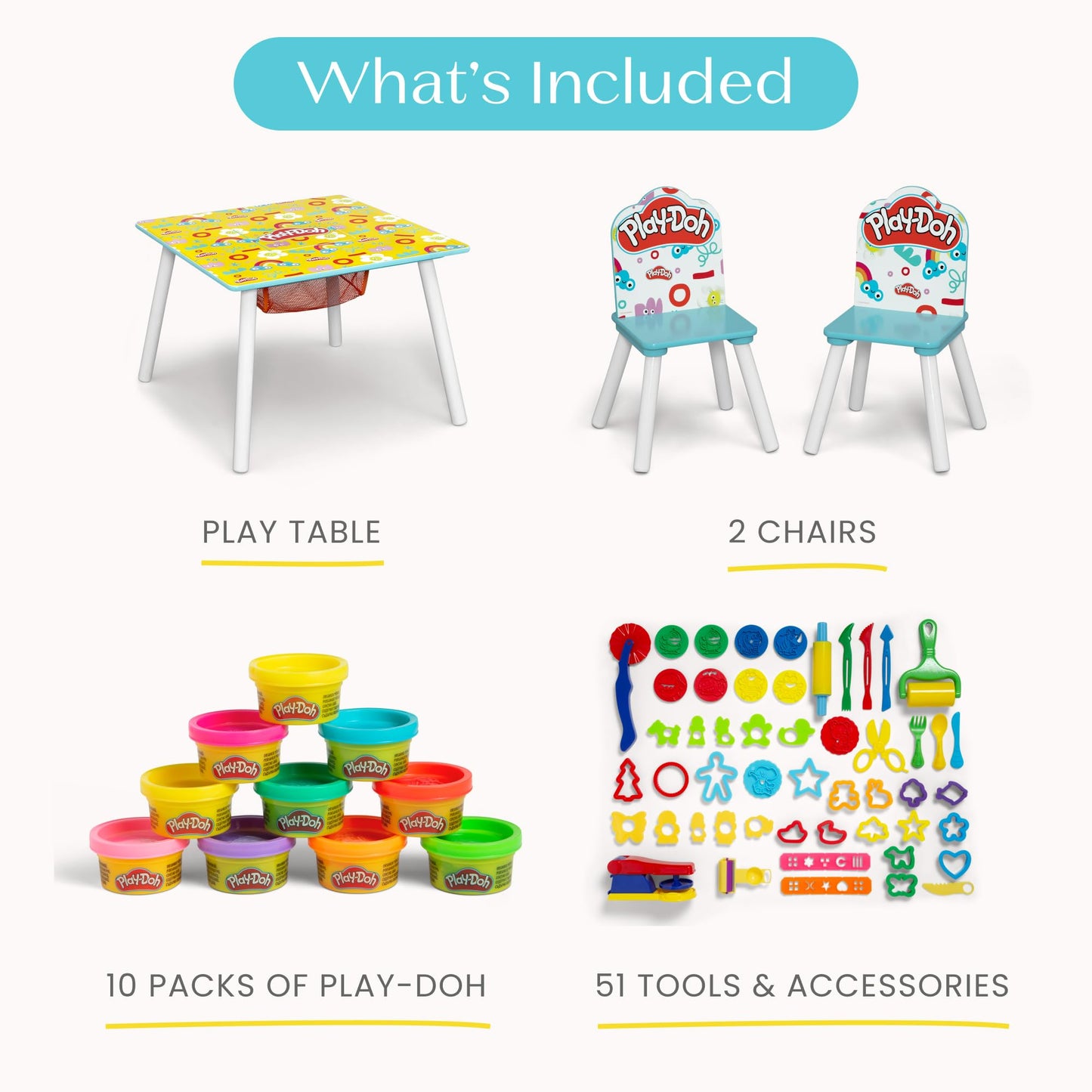 Delta Children- Play Doh Table and 2 Chair Set – Includes 10-Pack of Assorted 1oz Play Doh Cans and 51 Accessories