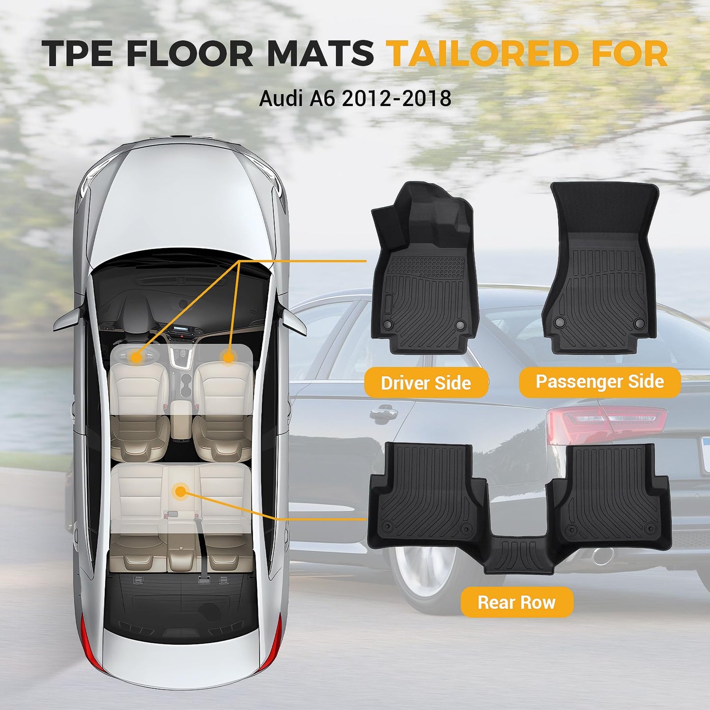 All-Weather TPE Rubber Floor Mats Compatible with 2012 2013 2014 2015 2016 2017 2018 Audi A6 S6, Custom Fit Full Car Carpet Liners Set (Black)