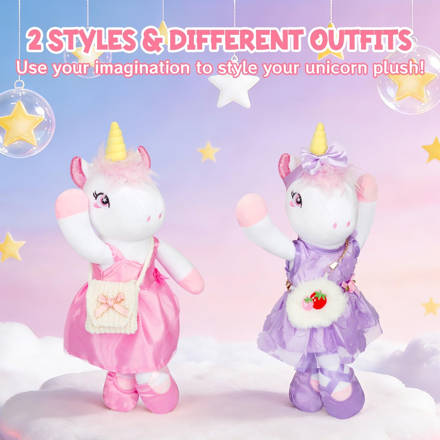 ZeffuLyne Unicorn Stuffed Animals, 11PCS Unicorns Toys for Girls Age 4-6 Ballerina Doll Stuffed Animal Toy with 2 Set Ballerina Dresses, Shoes, Bags & Hair Clips, Birthday Gifts for Girls Age 4-8