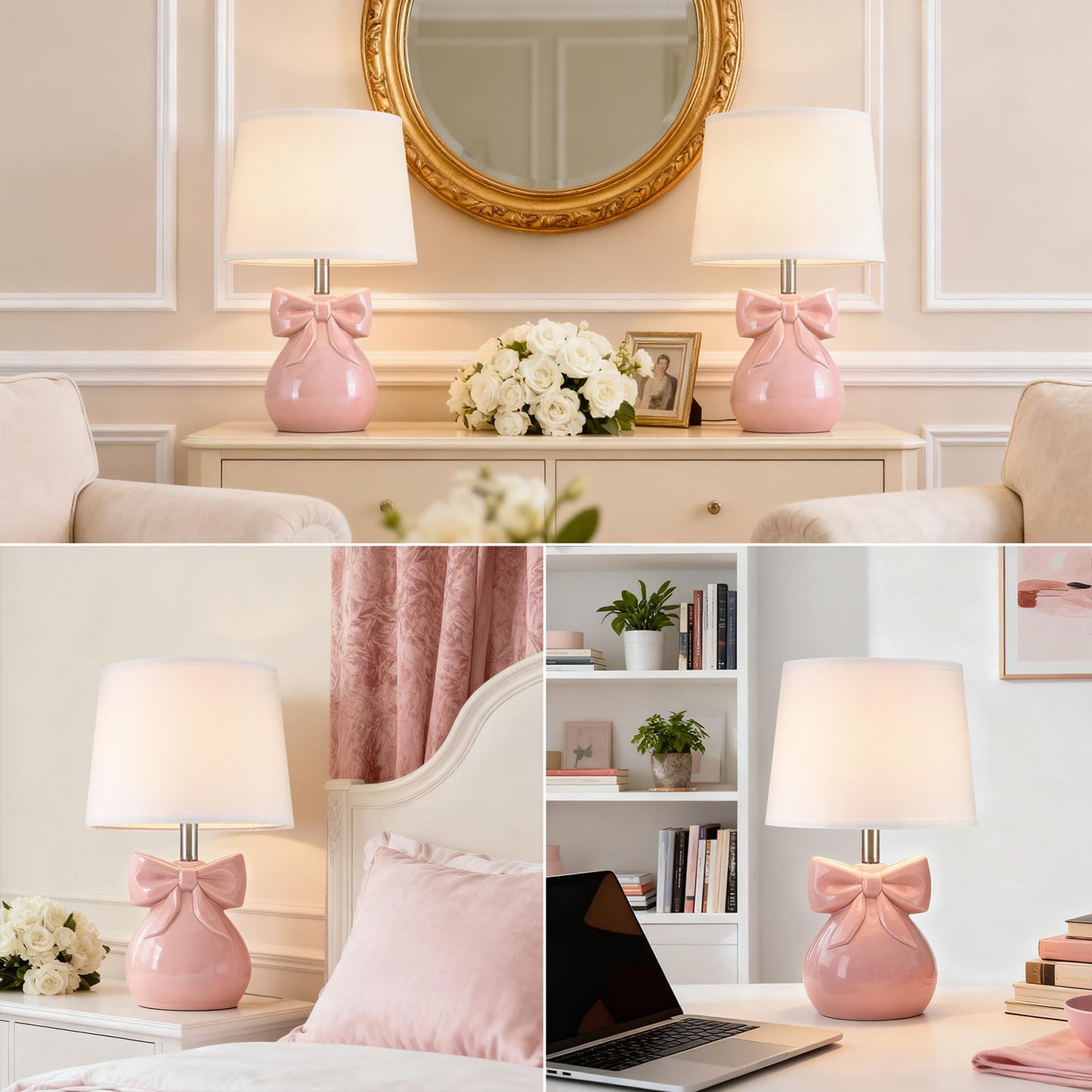 Hapcrea Pink Bow Table Lamp for Girl's Room, 19" Ceramic Cute Lamp for Bedroom, Classic Bedside Lamp for Nightstand, Modern Table Lamp for Living Room with Rotary Swtich (Bulb Included)
