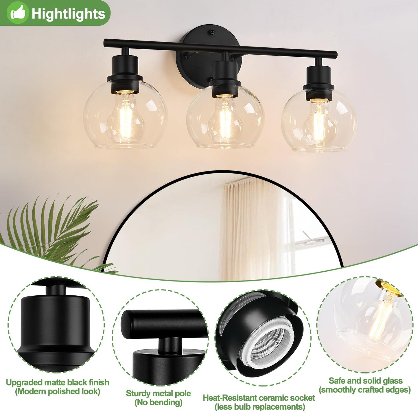Indoi 3-Light Bathroom Light Fixtures, Black Bathroom Lights Over Mirror with Clear Glass Globe Shade, Vanity Lights for Bathroom Kitchen Living Room Hallway Cabinet Bedroom Porch.