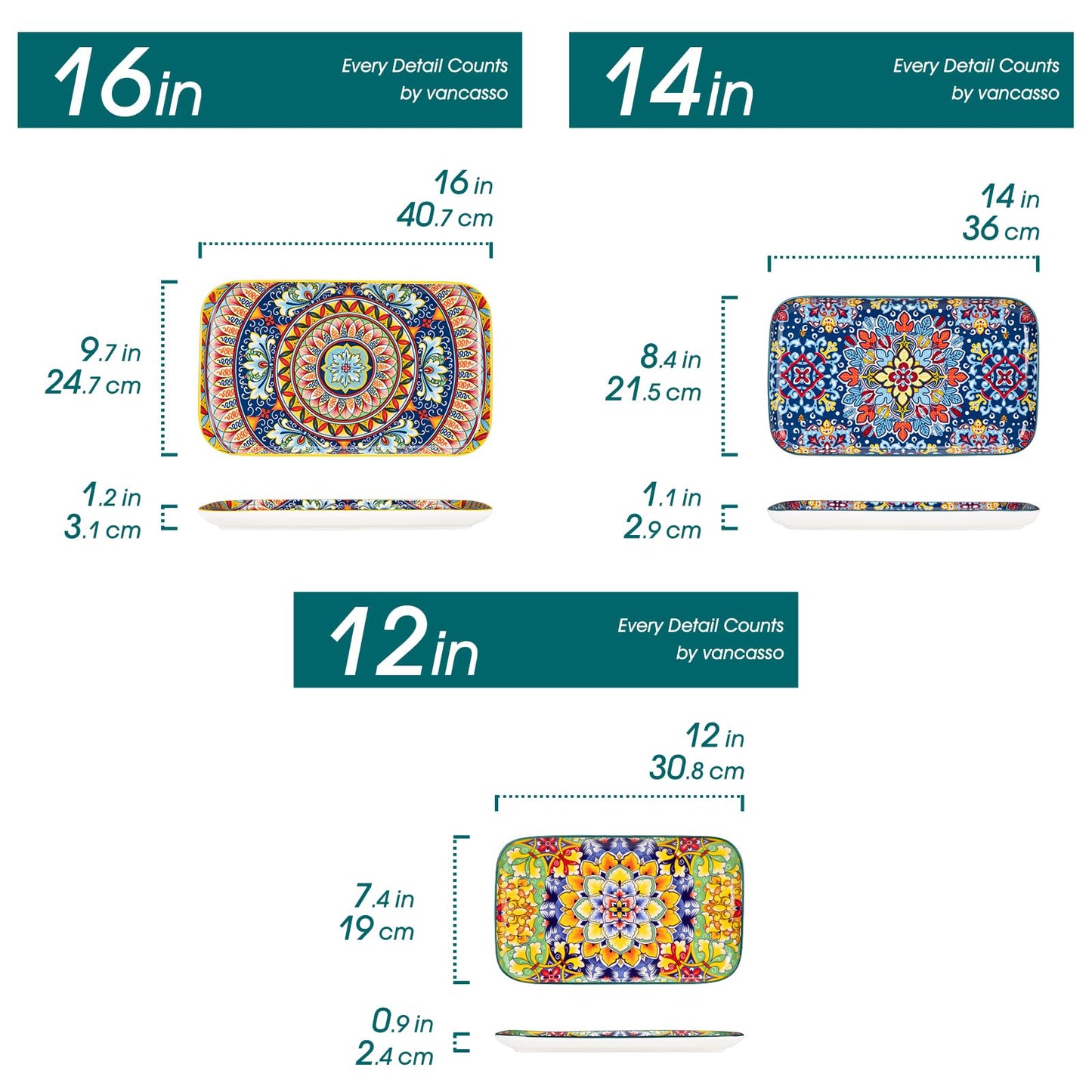 vancasso Serving Platters Set of 3, 16"/14"/12" Inch Rectangular Trays - Extra Large, Ceramic Bohemian Serving Dish for Entertaining Food, Microwave & Dishwasher Safe, Vintage