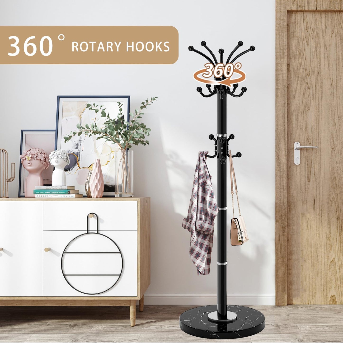 LOZABEE Metal Heavy Duty Coat Rack Stand, Modern Freestanding Coat Rack with Natural Marble Base, 360° Roraty Coat Racks with 16 Hooks, Black Coat Hall Tree Hanger Stand for Entryway, Office