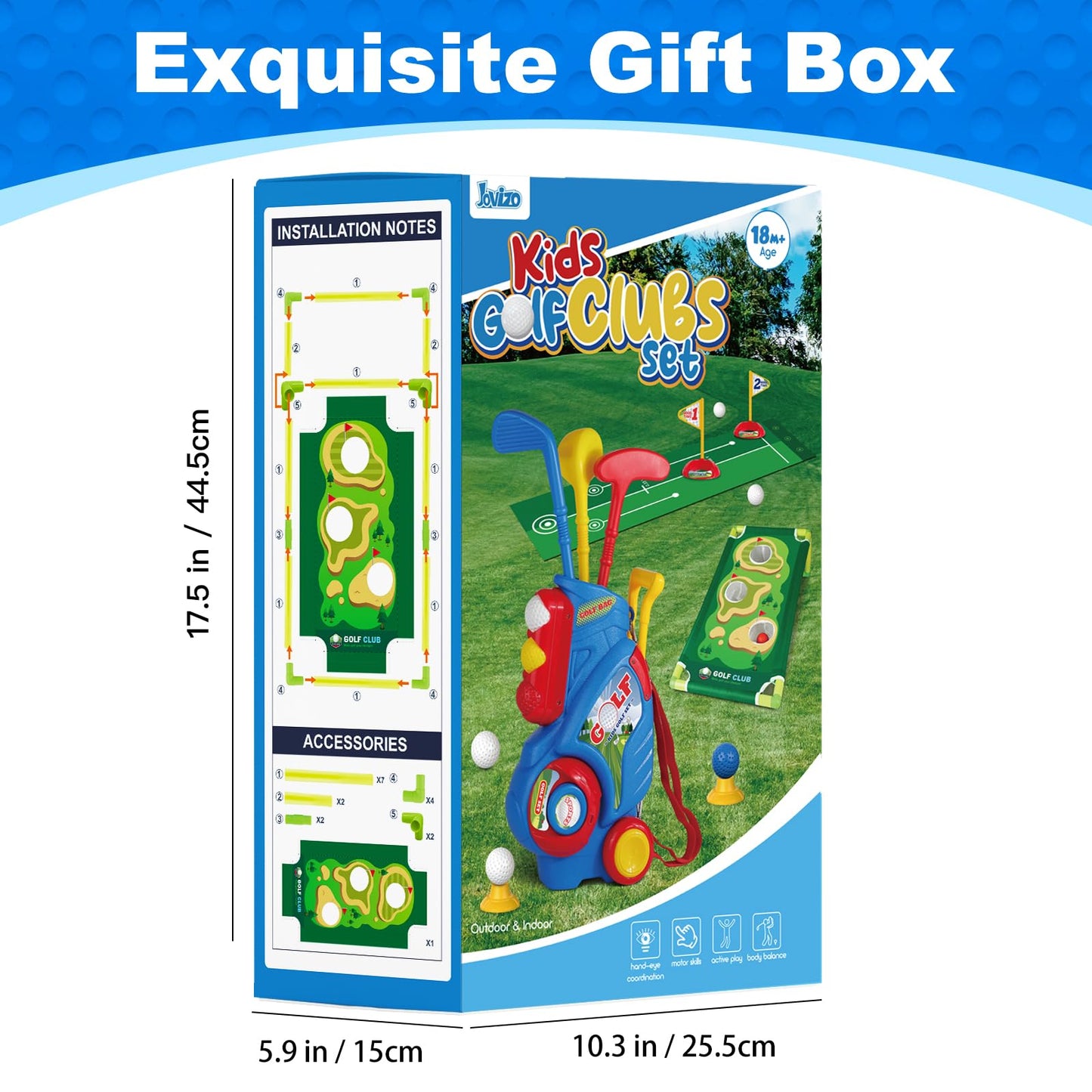 Jovizo Toddler Golf Set for Boys Girls 2 3 4 5 Years Old, Upgraded Kids Golf Cart with Putting Mat & Cornhole Board, Outdoor Indoor Sports Toys, Blue
