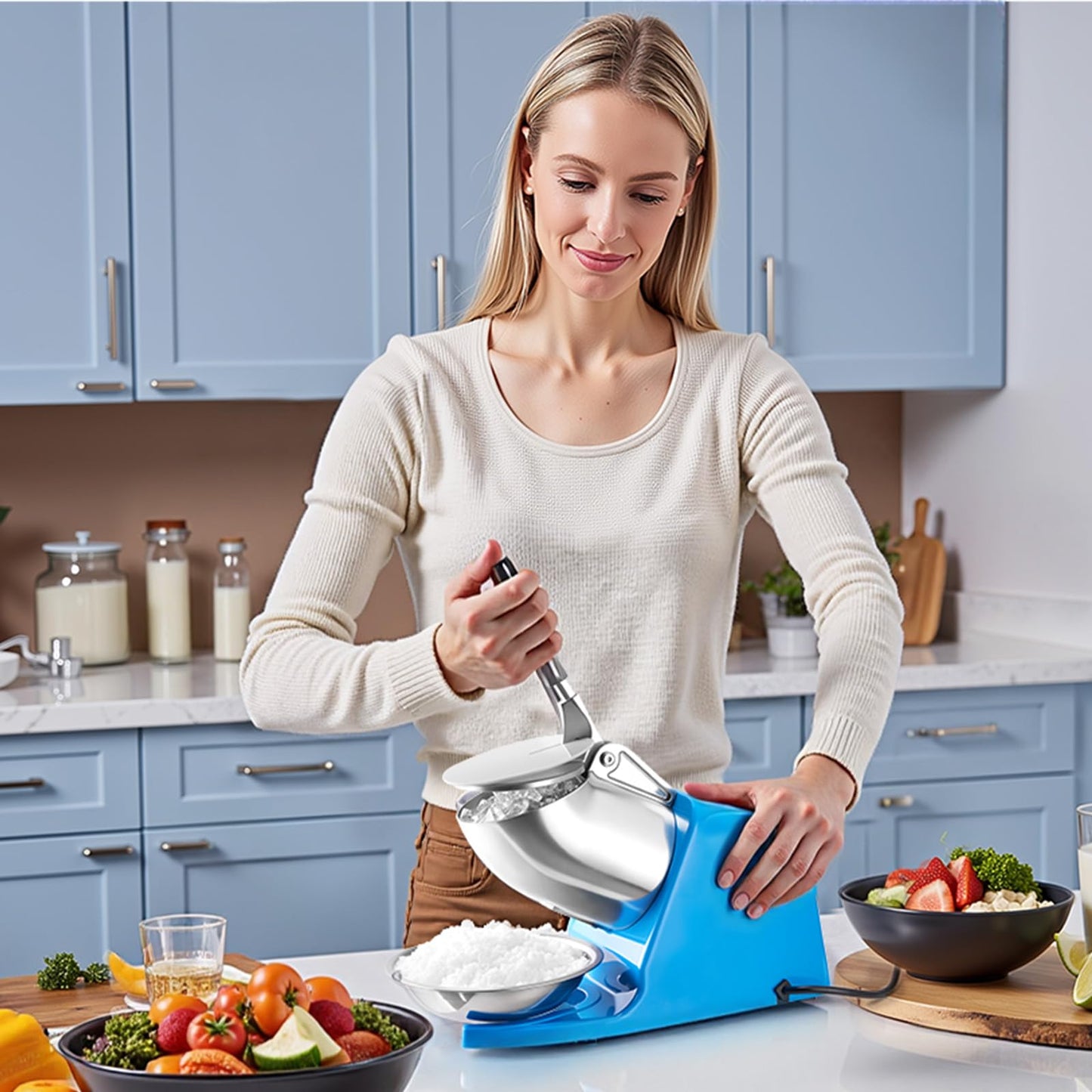 VEVOR Ice Crusher Machine, 286lbs Per Hour Electric 4 Blades Snow Cone Maker, Stainless Steel Shaved Ice Machine with Bowl and Cover, 300W 2000RPM Ice-Shaver for Home and Commercial Use, Blue