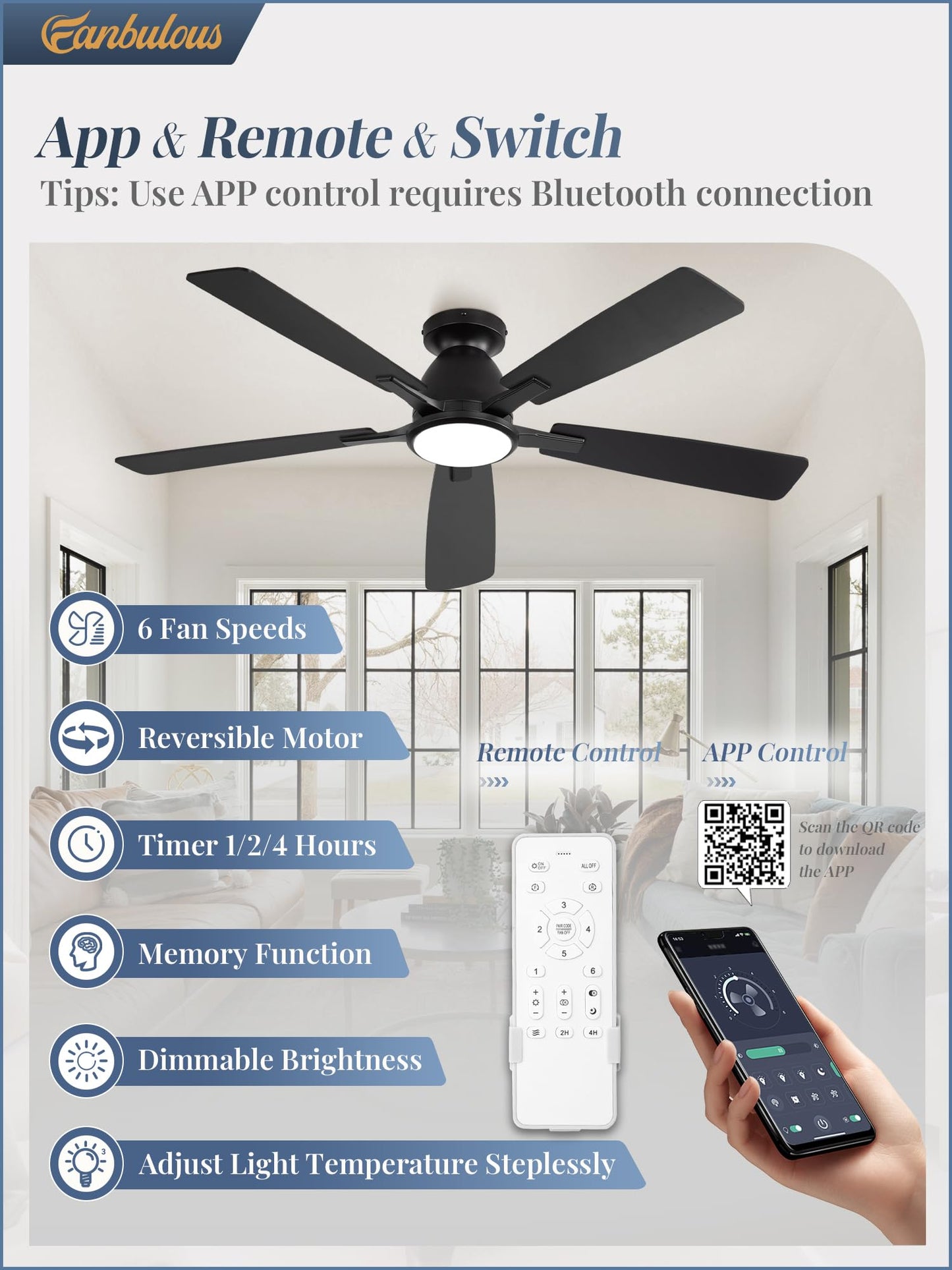 Fanbulous 52 inch Ceiling Fans with Lights, Smart Flush Mount Ceiling Fan and Remote APP, Modern Low Profile, 3CCT 20W LED with 6-Speeds Quiet Reversible Motor for Bedroom, Living Room, Kitchen, Black