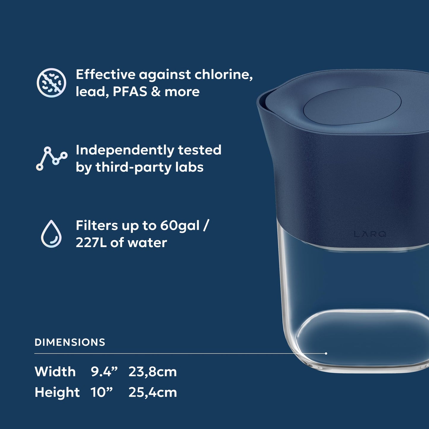 LARQ Water Filter Pitcher 1.9L (8-Cup) – Nano Zero Filter Removes Chlorine, Lead, PFAS & More – Monaco Blue