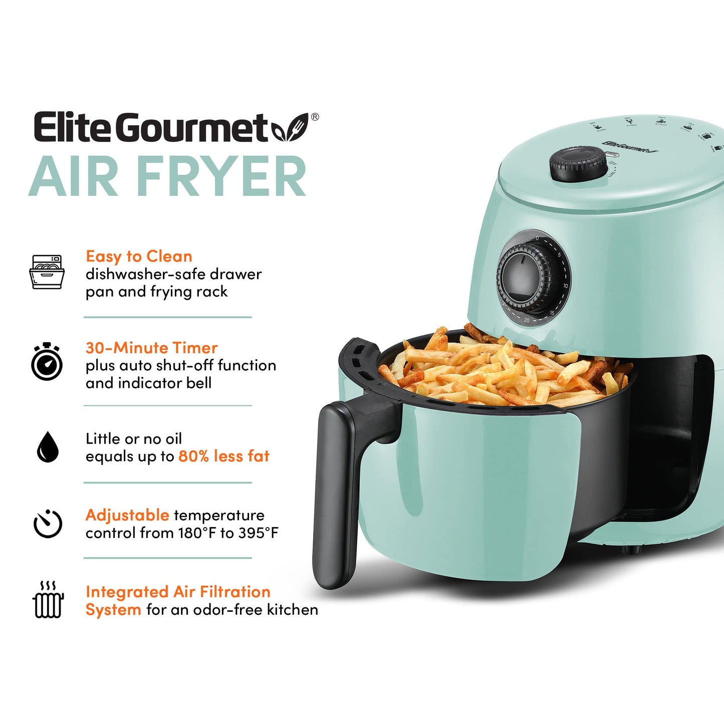 Elite Gourmet EAF0201BLX Personal Compact Space Saving Electric Hot Air Fryer Oil-Less Healthy Cooker, Timer & Temperature Controls, 1000W, 2.1 Quart, Mint