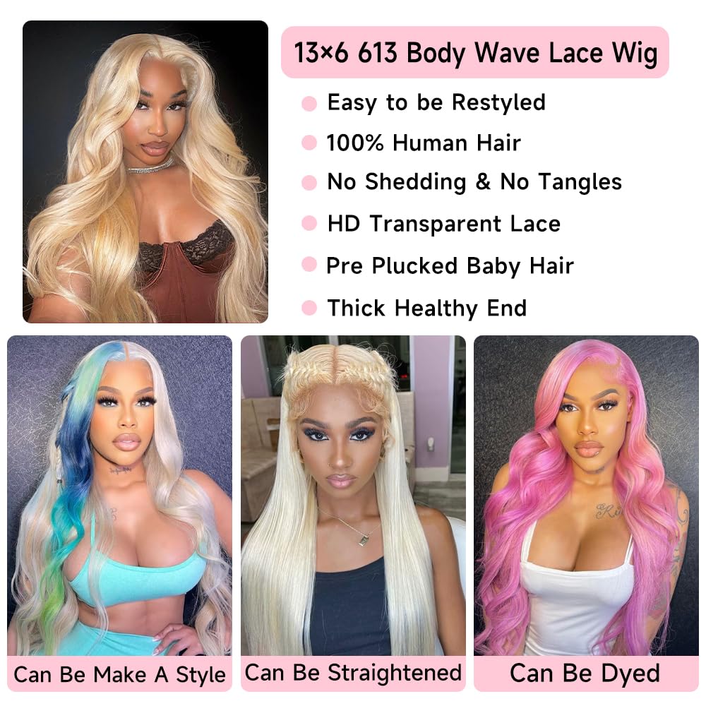 Loyom 613 28 Inch Lace Front Wig Human Hair 13x6 Transparent Lace 12A 200 Density Blonde Lace Front Wigs Human Hair Body Wave Lace Front Wigs Human Hair 613 HD Lace Frontal Wig Human Hair Wig Blonde