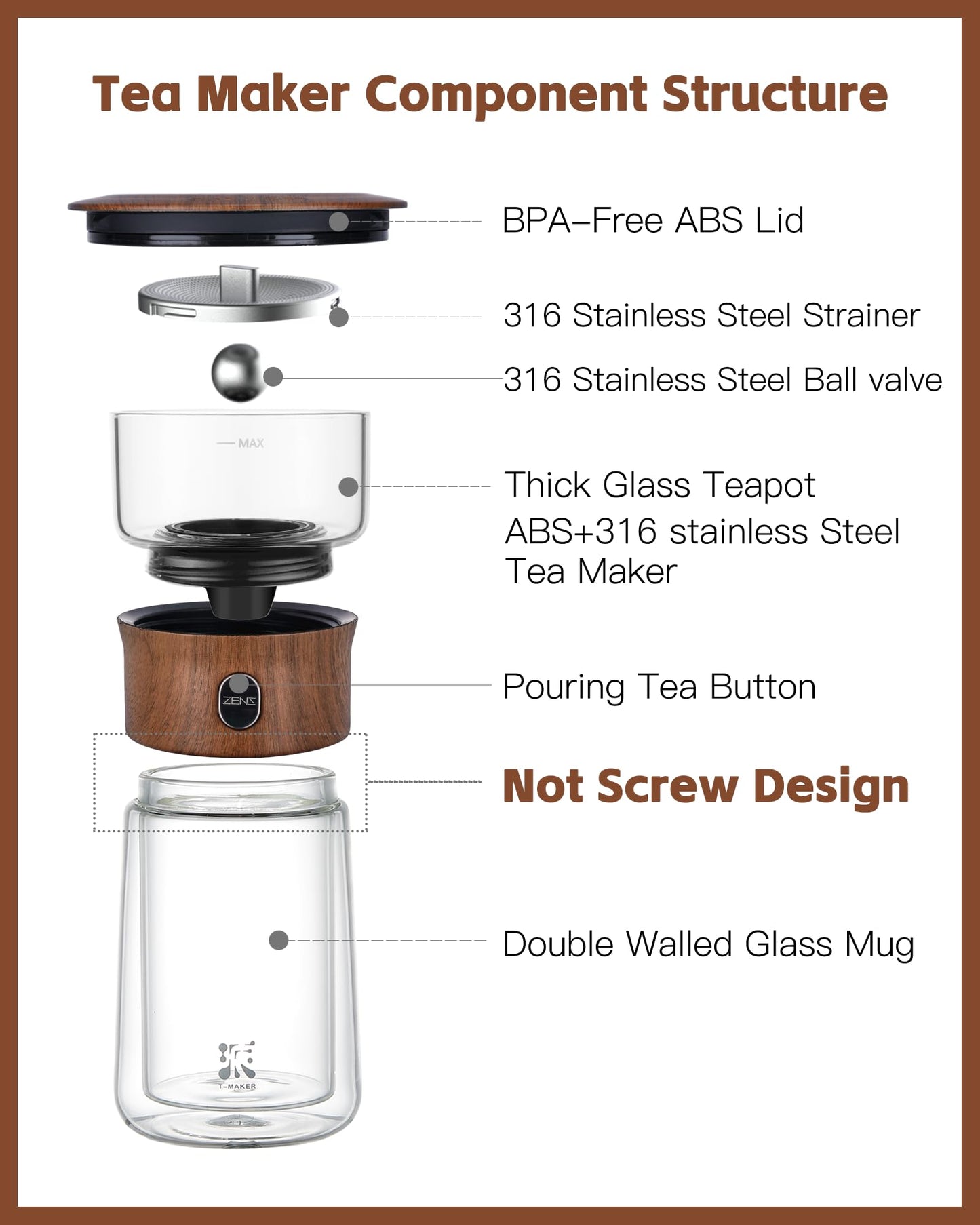 ZENS Modern Glass Infuser Teapot, One Touch Tea Maker for Loose Leaf Tea with Insulated Mug and Portable Case. Enchanted Pot Alternatives for Tea Lover Gifts