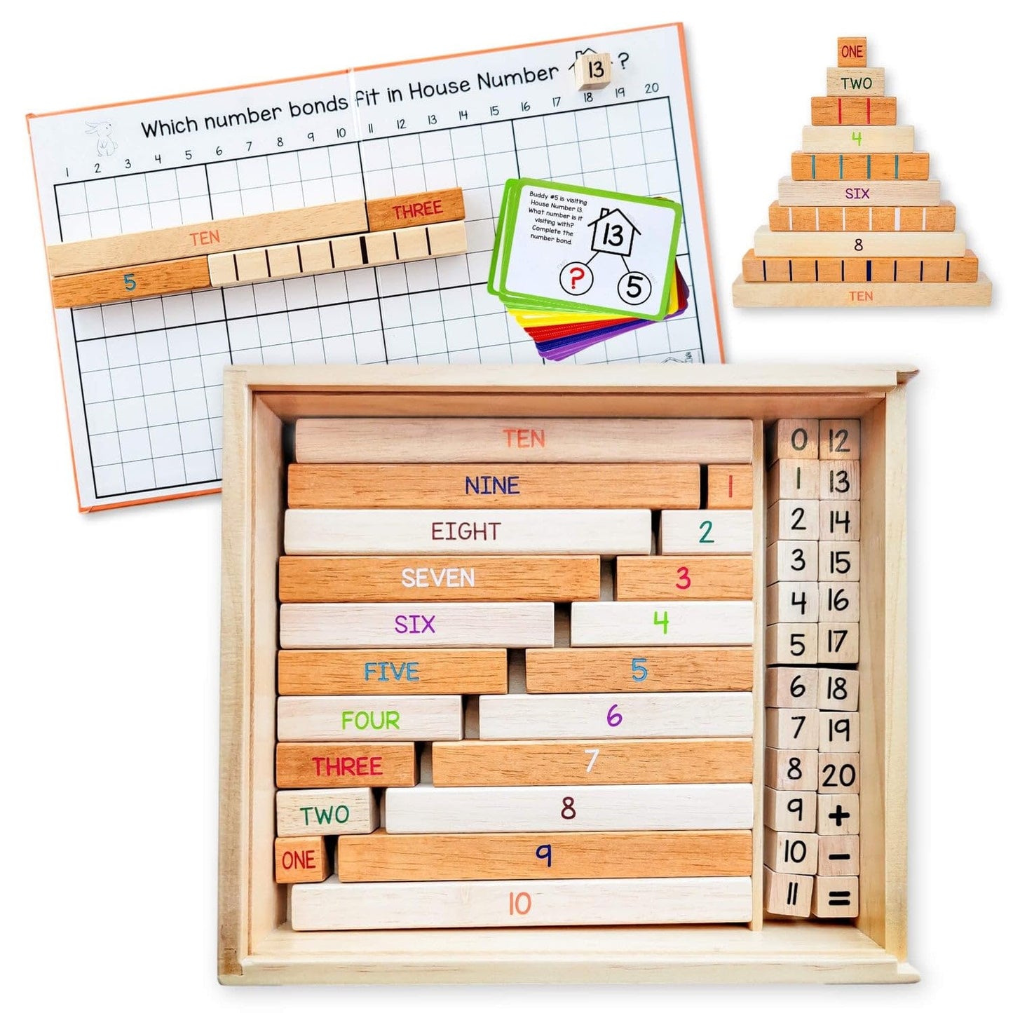 LITTLE BUD KIDS House of Number Buddies Math Game, a Number Bonds Math Toy with Number Rods and Addition & Subtraction Flash Cards, a Montessori Material for Kids 4-8 Years Old
