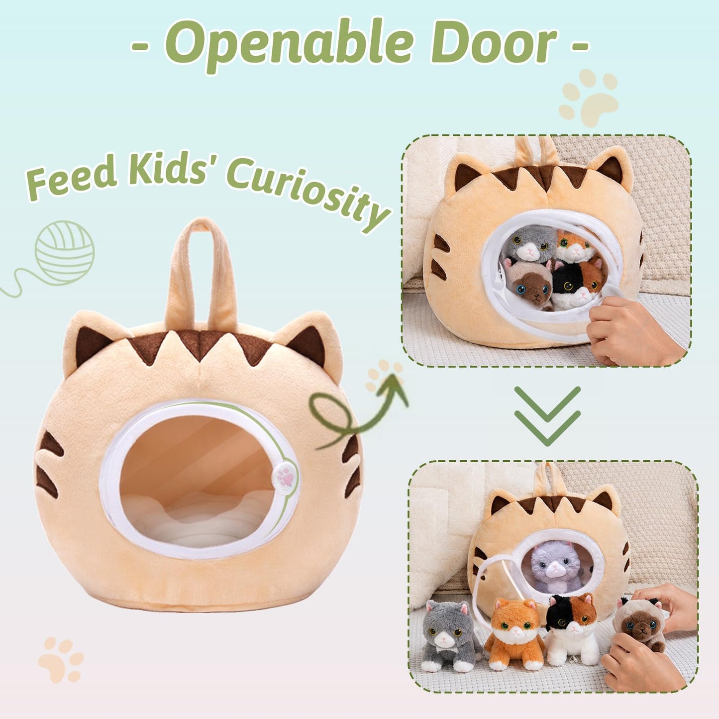 OUOZZZ Cat Stuffed Animal House with 5 Cute Kittens, 12.5“ x 7.9" x 11.8"