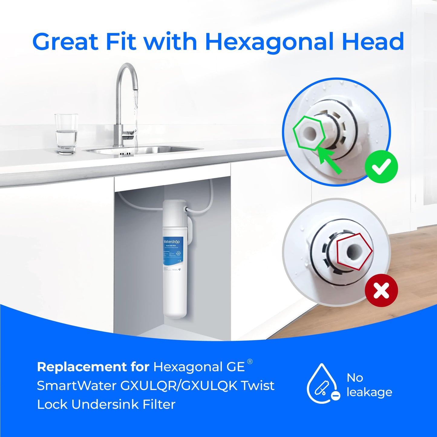 Waterdrop FQK1R, GXULQR Under Sink Replacement Filter, NSF/ANSI 42 372 Certified, Replacement for Hexagonal Head GE SmartWater GXULQR, GXULQK and GXK140TNN, 2K Gallons, 2 Filters
