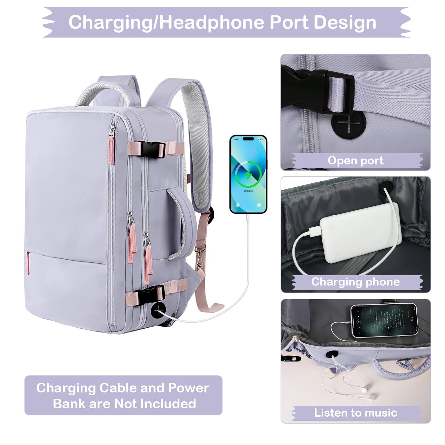 Hanples Large Travel Backpack for Women as Person Item Flight Approved, Waterproof 40L Carry On Backpack, 17 Inch Laptop Backpack for Business Bag with 2 Toiletry Bags (Gray Purple)