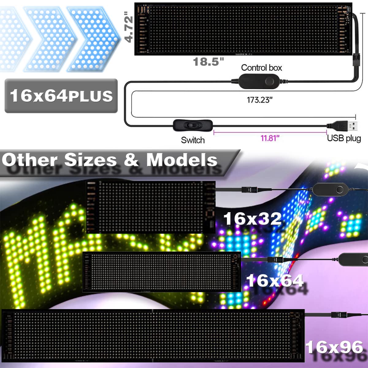 SAOJAY Scrolling LED Sign for Car, Flexible USB 5V LED Car Sign Bluetooth App Control Programmable Text/Animation for Cars/Taxis/Stores, Indoor/Outdoo (19''x5'')