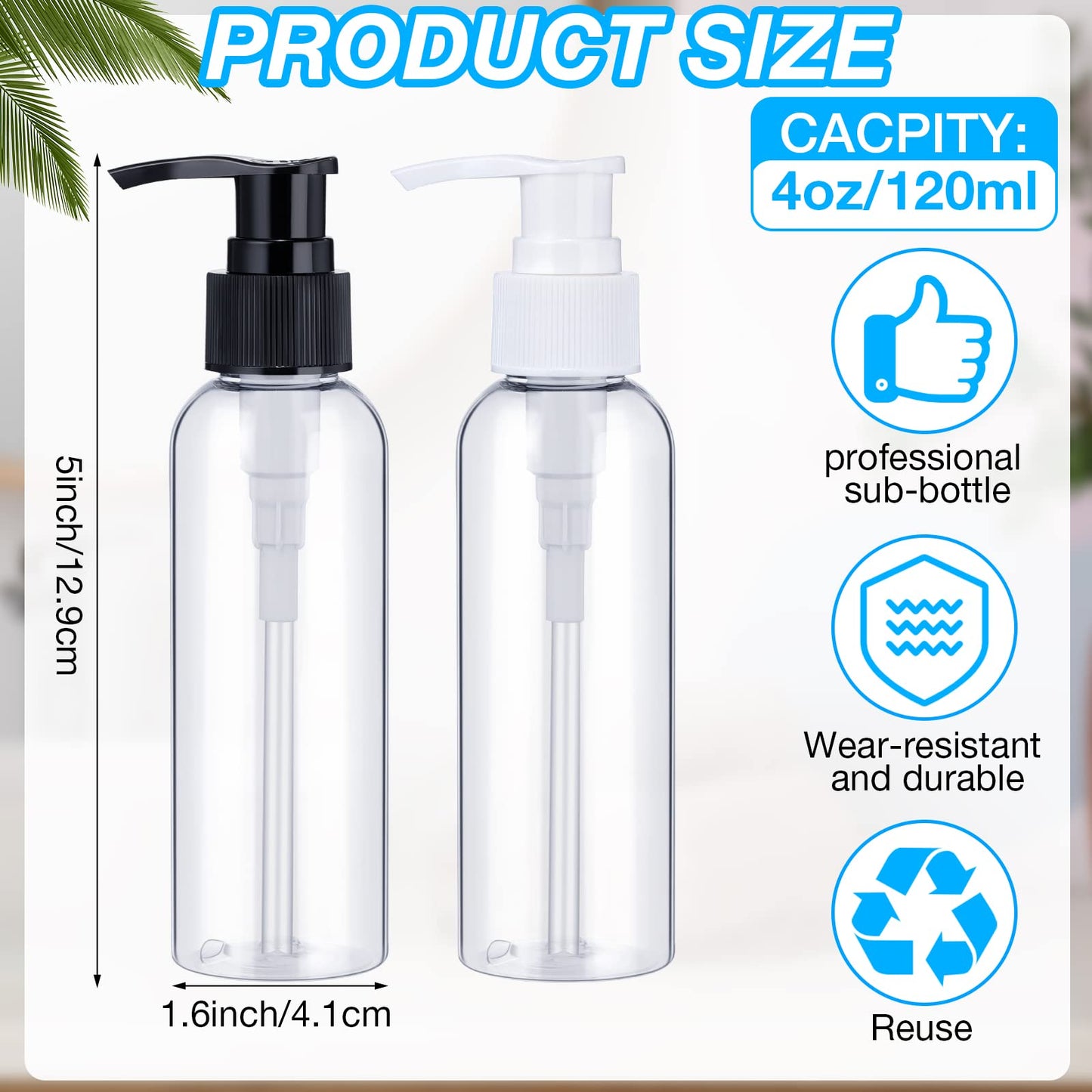 Nuenen 48 Pcs Refillable Empty Lotion Bottles 4oz/120ml Clear Plastic Pump Bottles Conditioner Shampoo Pump Dispenser Leak Proof Pump Container for Body Wash, Creams, Liquid Soap (Black and White)