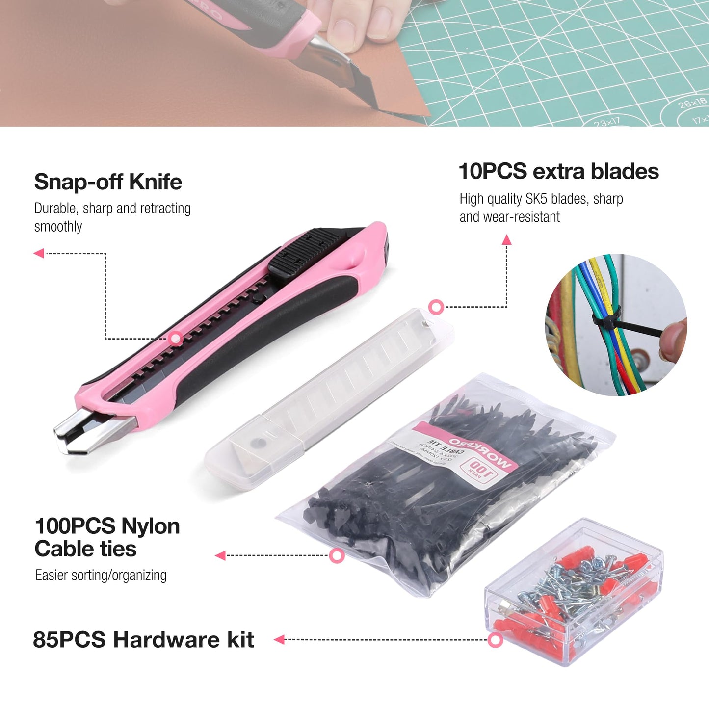 WORKPRO Pink Tool Set, 258 PCS Tool Kit for Women, Basic Household Tool Box with Hammer, Screwdriver Set, Portable Toolkit for Home Repair, New Apartment, House-Warming, DIY - Pink Ribbon