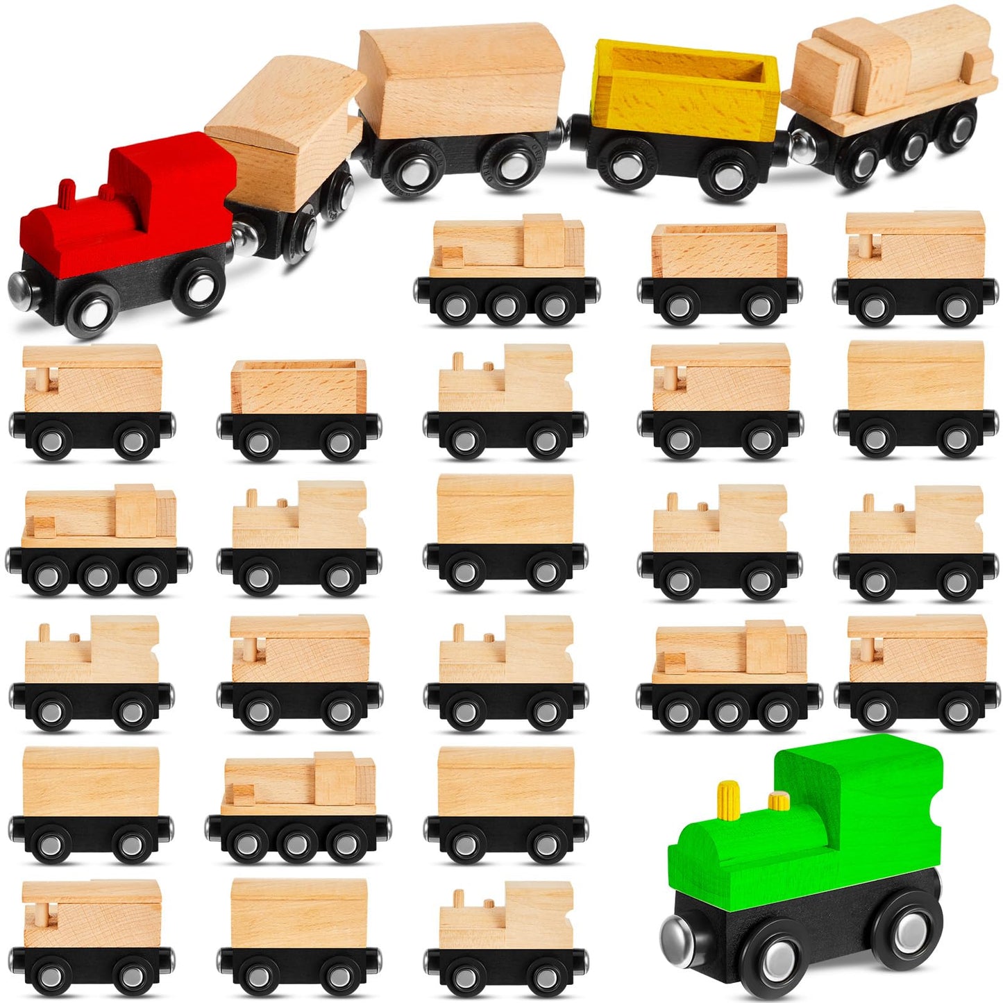 Halloscume 30 Pcs Vivid Unfinished DIY Wooden Trains 5 Styles Unpainted Cars Toys for Railway Paint Project Wood Trains for Birthday Party Theme Decorations Crafts Supplies