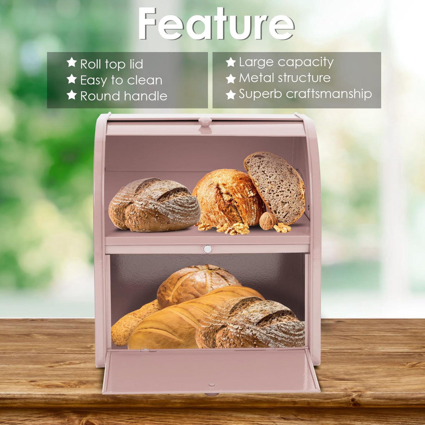 Olebes Bread Box, Metal Bread Box For Kitchen Countertop, Bread Storage Container Holds 2 Loaves Of Bread, High Capacity Breadbox, Bread Holder Suit Farmhouse Kitchen Decor For Counter (Pink)