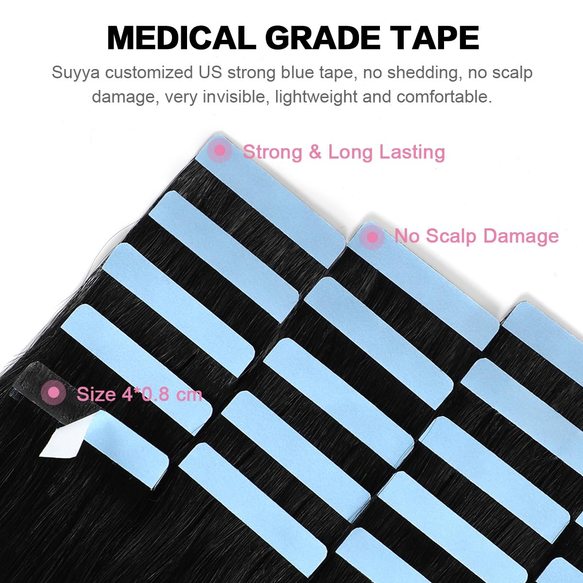 SUYYA Tape in Hair Extensions Jet Black 100% Remy Human 20 inches 20pcs 50g/pack Straight Seamless Skin Weft Hair(20 #1 Black)