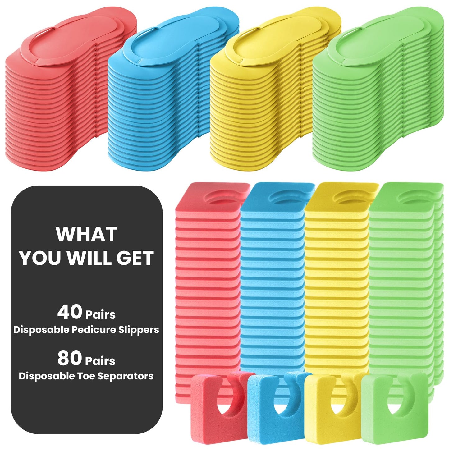 Suhine 120 Pairs Disposable Pedicure Slippers and Toe Separators Kit 40 Pairs Disposable Foam Flip Flops 80 Toe Separators for Women Nail Hotel Salon Spa Party(Red, Blue, Yellow, Green)
