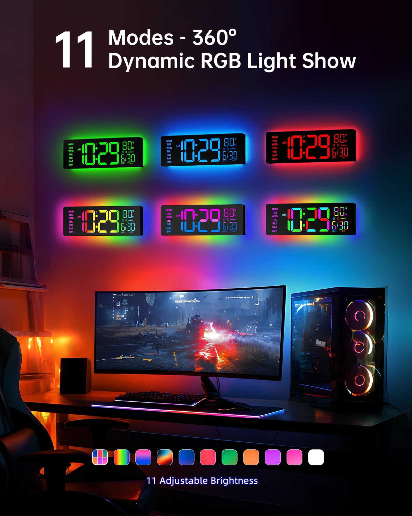 EASYERA 12" Digital Wall Clock for Classroom Livingroom Game Home Decor with LED Display RGB Lights, BIuetooth Sync, Dual Alarms, Auto DST, Countdown, Remote Control, Temperature