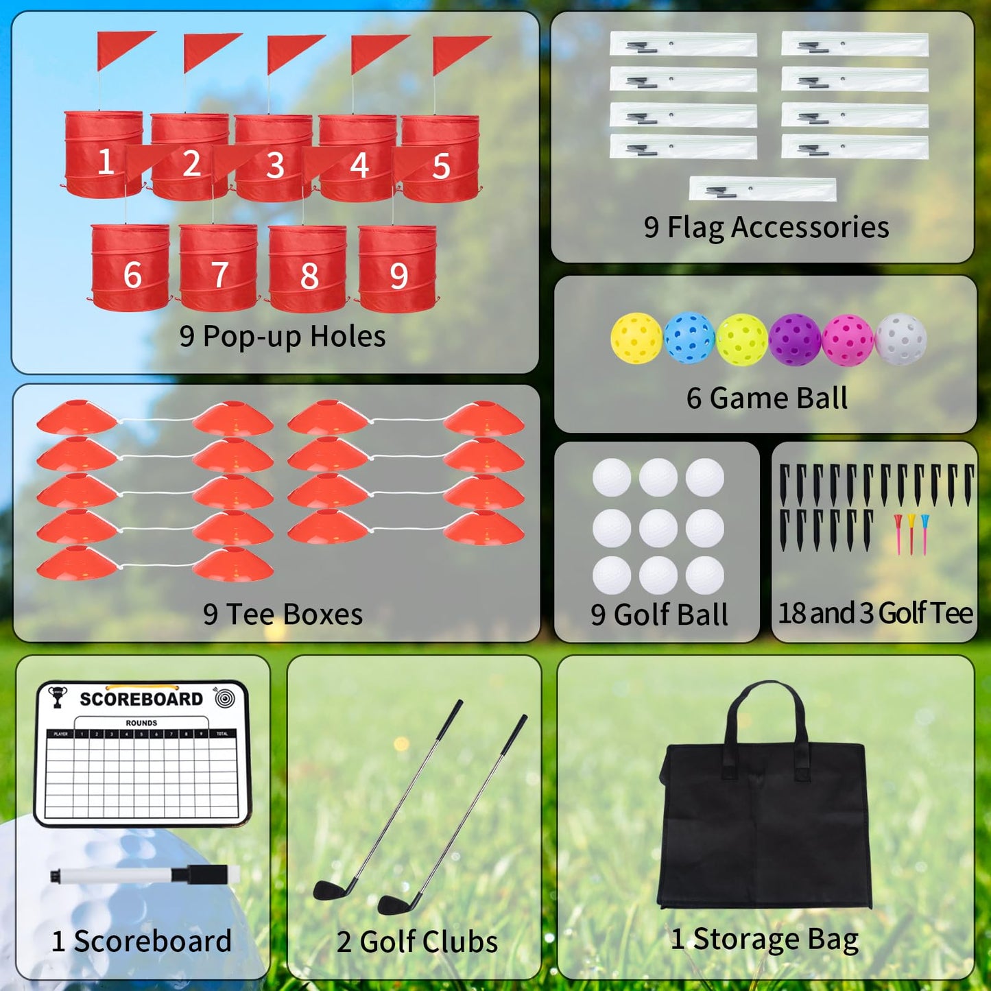 WodGod 9Pcs Holes-Outdoor Backyard Golf Game Set,Outdoor Yard Golf Chipping Game with 2 Clubs,Ball and Flag,Fun for All Crowd, Perfect for Beach,Park,Lawn and Camping