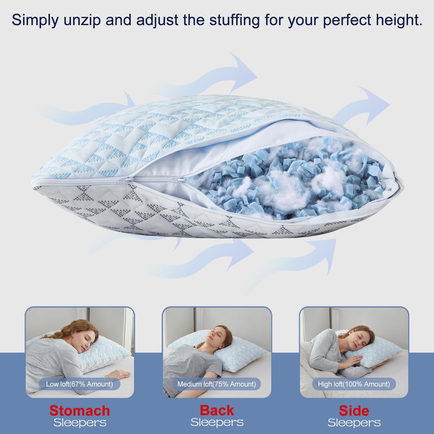 Yawnhug Cooling Shredded Memory Foam Pillows: Adjustable Bed Pillows for Hot Sleeping, King Size Set of 2, Customizable Loft & Firm Support for Side Back Stomach Sleepers