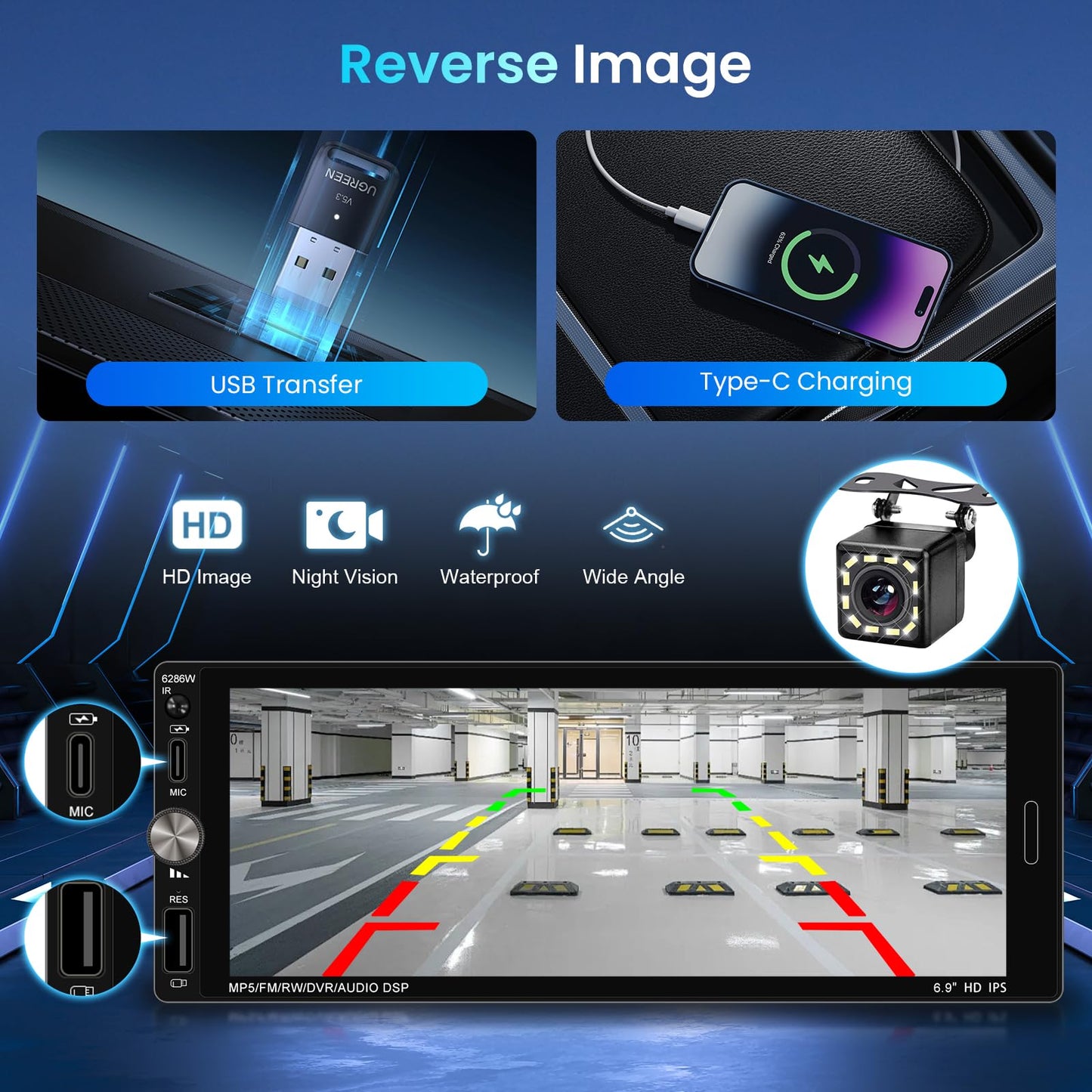 Single Din Car Stereo with Wireless CarPlay Android Auto Mirror Link, Driauto Car Radio Bluetooth Handsfree Headunit 6.9 Inch 1 Din IPS Touch Screen FM Type-C USB Charging EQ SWC with Reverse Camera