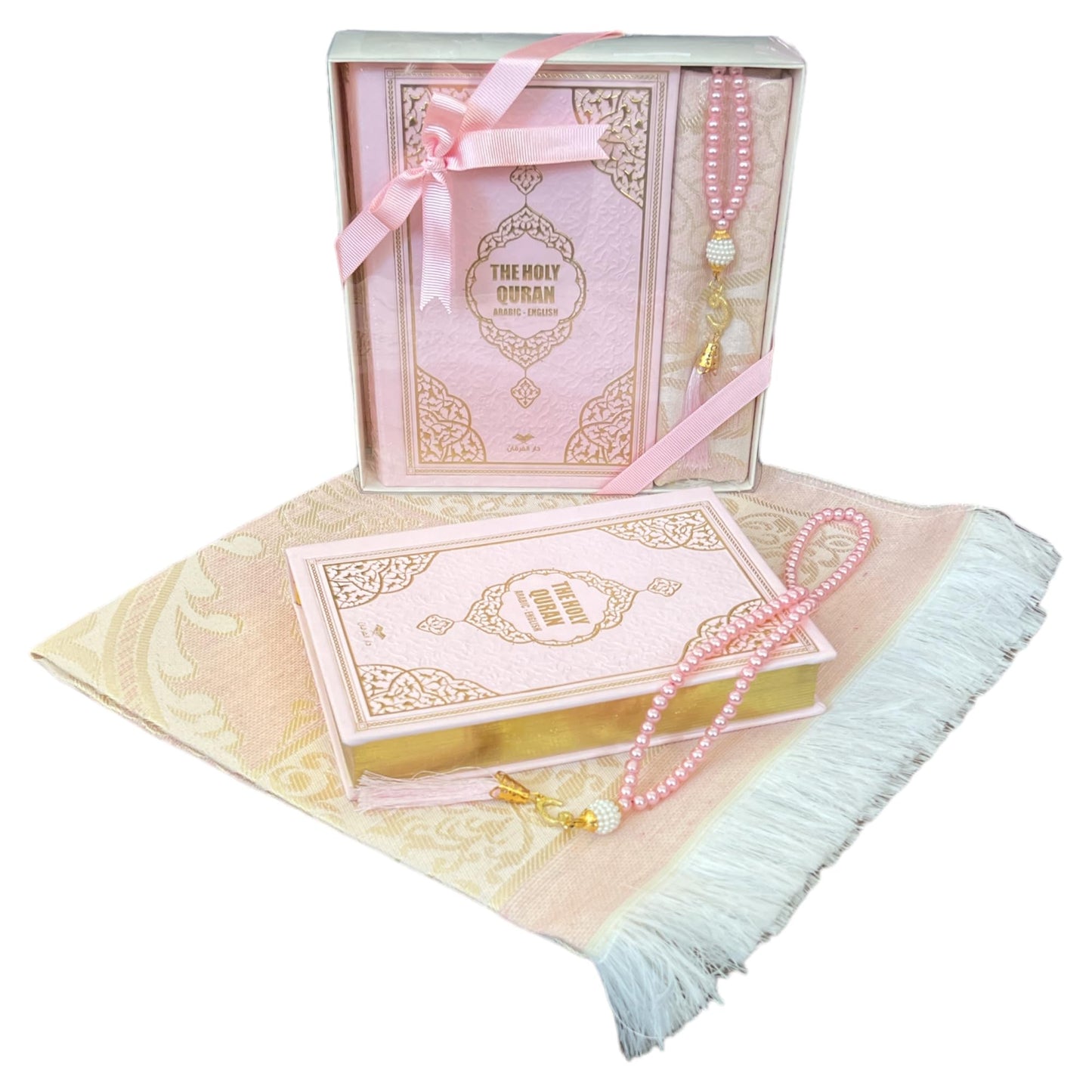 English Translate Thermo Leather Covered Quran, Tafta Prayer Mat and Beads Set |Quran Size:8x5.5x1.2 İnch/20x14x3cm | Muslim Prayer Mat | Great Ramadan Gifts for Muslim Men,Women (Pink, 1 Sets)
