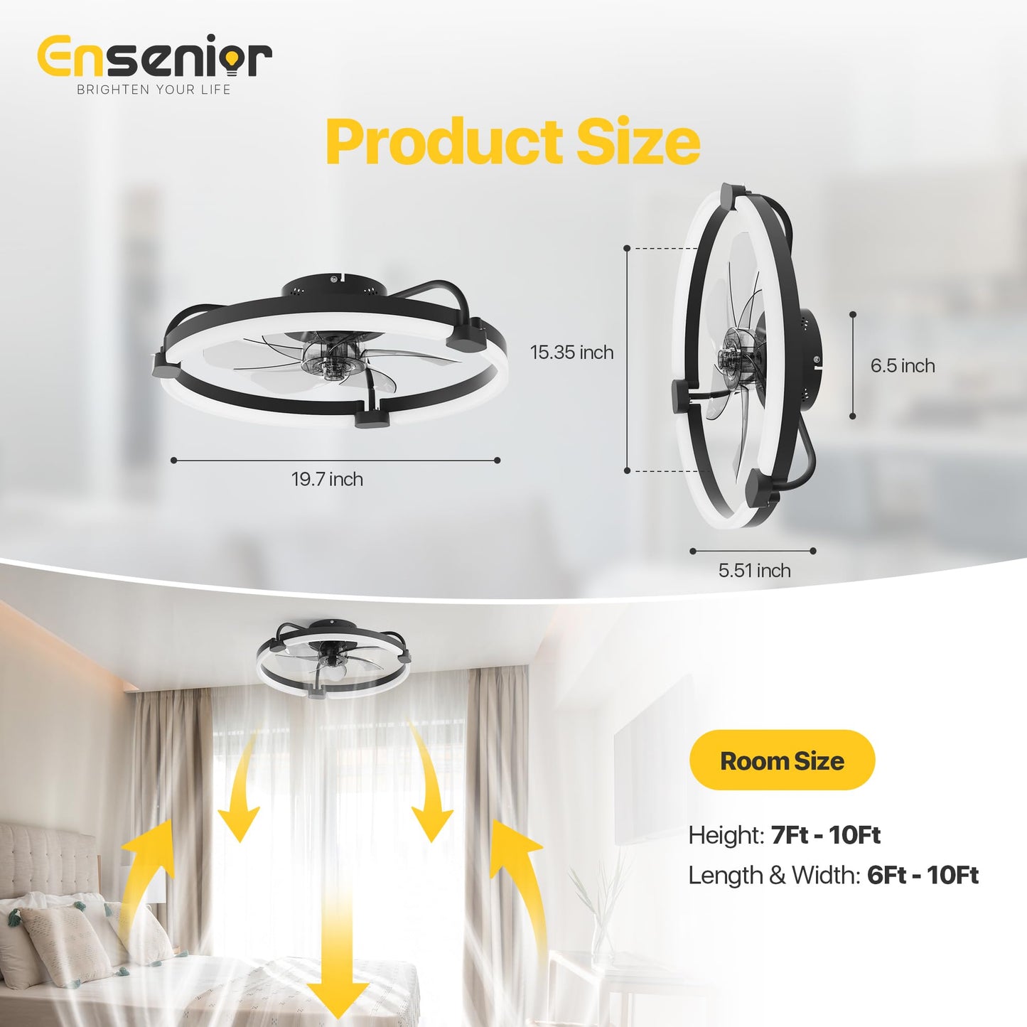 Ensenior Ceiling Fans with Lights and Remote, 20'' Low Profile Ceiling Fan Flush Mount, APP Control, 6 Speed, 3CCT, Quiet Reversible DC Motor, Dimmable Modern Ceiling Fan with Light for Bedroom, Black