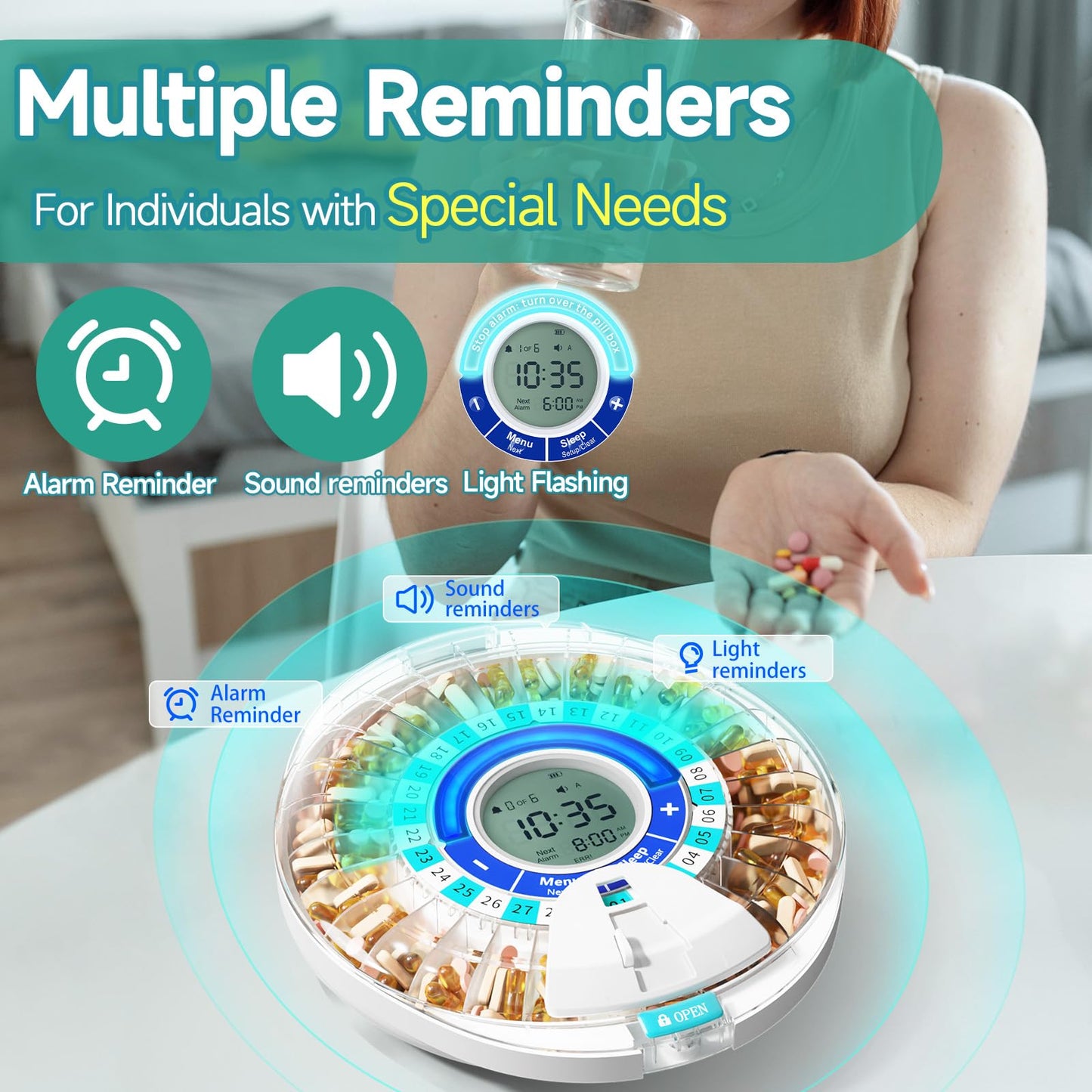 Windtrace Automatic Pill Dispenser for Elderly, Electronic Monthly Pill Organizer with Alarm & Light, 28 Day Smart Lock Medication Dispenser, Timed Pill Dispenser Machine for Prescriptions & Vitamins