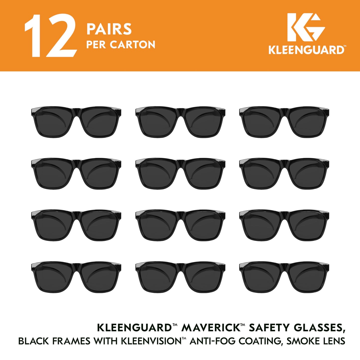 KleenGuard™ V30 Maverick™ Safety Glasses (49311), with KleenVision™ Anti-Fog Coating, Smoke Lenses, Black Frame, Unisex Sunglasses for Men and Women (Qty 12)