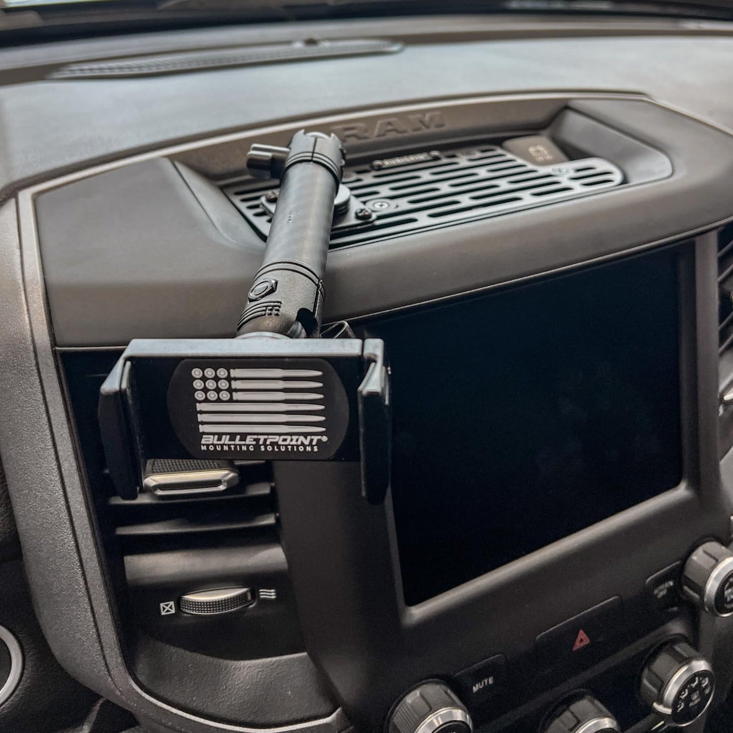 Bulletpoint Dash Mount Cell Phone Holder RAM Truck Compatible (2019+ 1500, 2500, 3500 and TRX) with 20mm Ball Mount - Compatible with iPhone and Android Smartphones (RubiGrid v2 Multi-Device Mount)