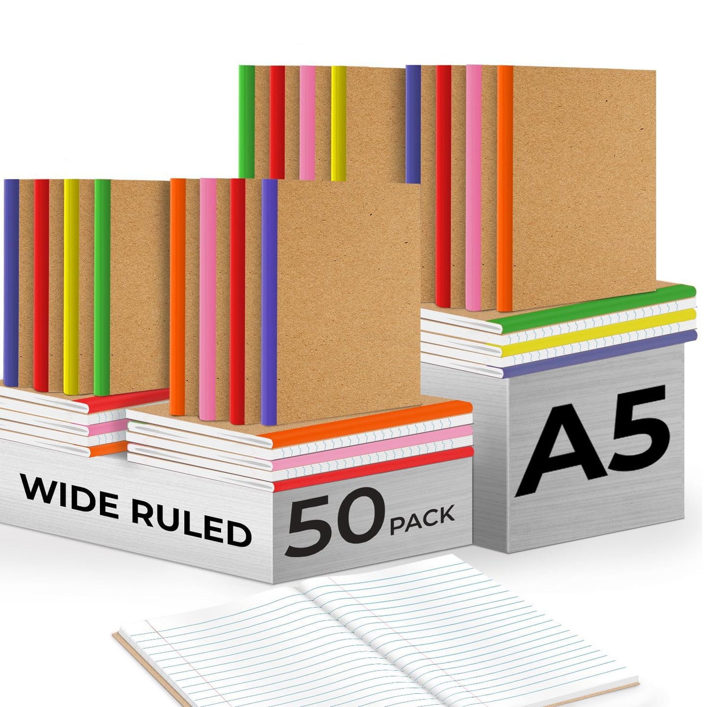Rosmonde 50 Pack A5 Kraft Journal, Extra Pages - 120 Pages (60 Sheets), Long Lasting, Wide Ruled, 8 x 5.7 Kraft Notebook, Bulk Journal Notebook A5, Bulk Composition Notebooks, Bulk Notebook for School