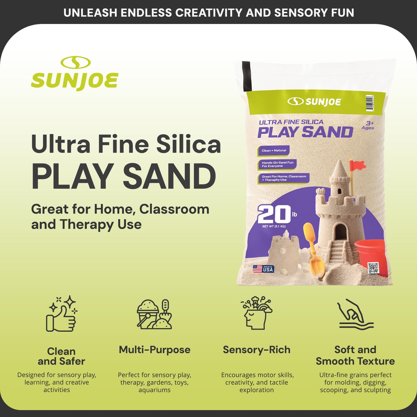 Sun Joe 3 Pack Silica Play Sand for Sandbox, Sensory Table & Garden Spaces, Ultra Fine, 20 Lbs - Natural Craft Accessory for Molding, Digging & Sculpting - Ideal for Indoor and Outdoor Use