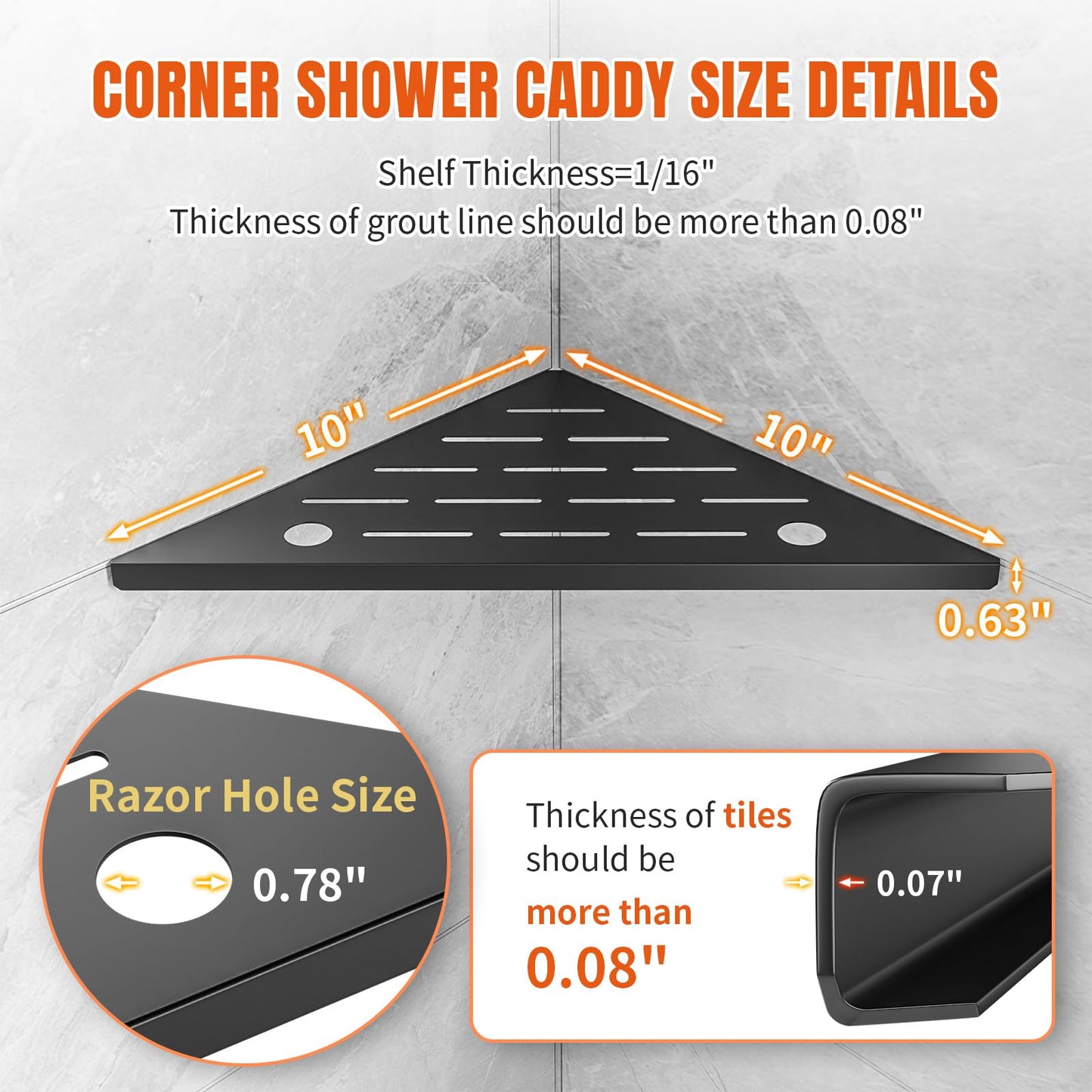 HBXS Corner Shower Shelves with Razor Hole, Modern Sturdy Shower Shelves Corner, 10" 304 Stainless Steel Shower Organizers Corner Shelf for Tile Wall, No Drilling Grout Mount Bathroom Shelf