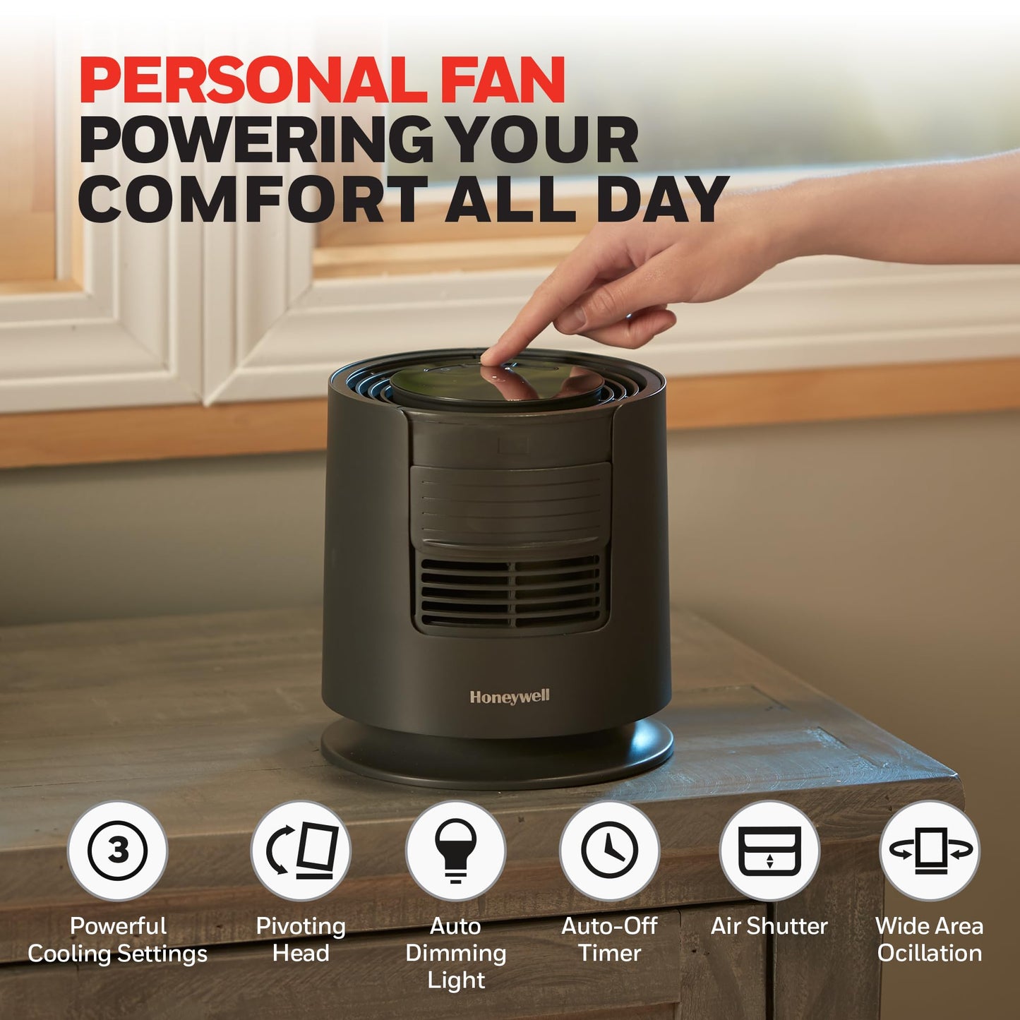 Honeywell QuietSet™ Personal Sleep Fan Noise Machine with Pink Noise, 3 Speeds, Adjustable Head, Nightstand and Bedside Fan, Black, HTF300B