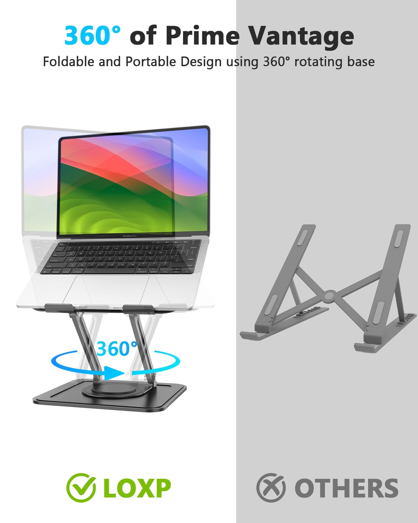 LOXP Adjustable Laptop Stand, Computer stand with 360 Rotating Base, Ergonomic Laptop Riser for Desk Foldable Laptop Mount Protable Computer Stand for Laptop Fits with MacBook Pro Air (10-16") - Black