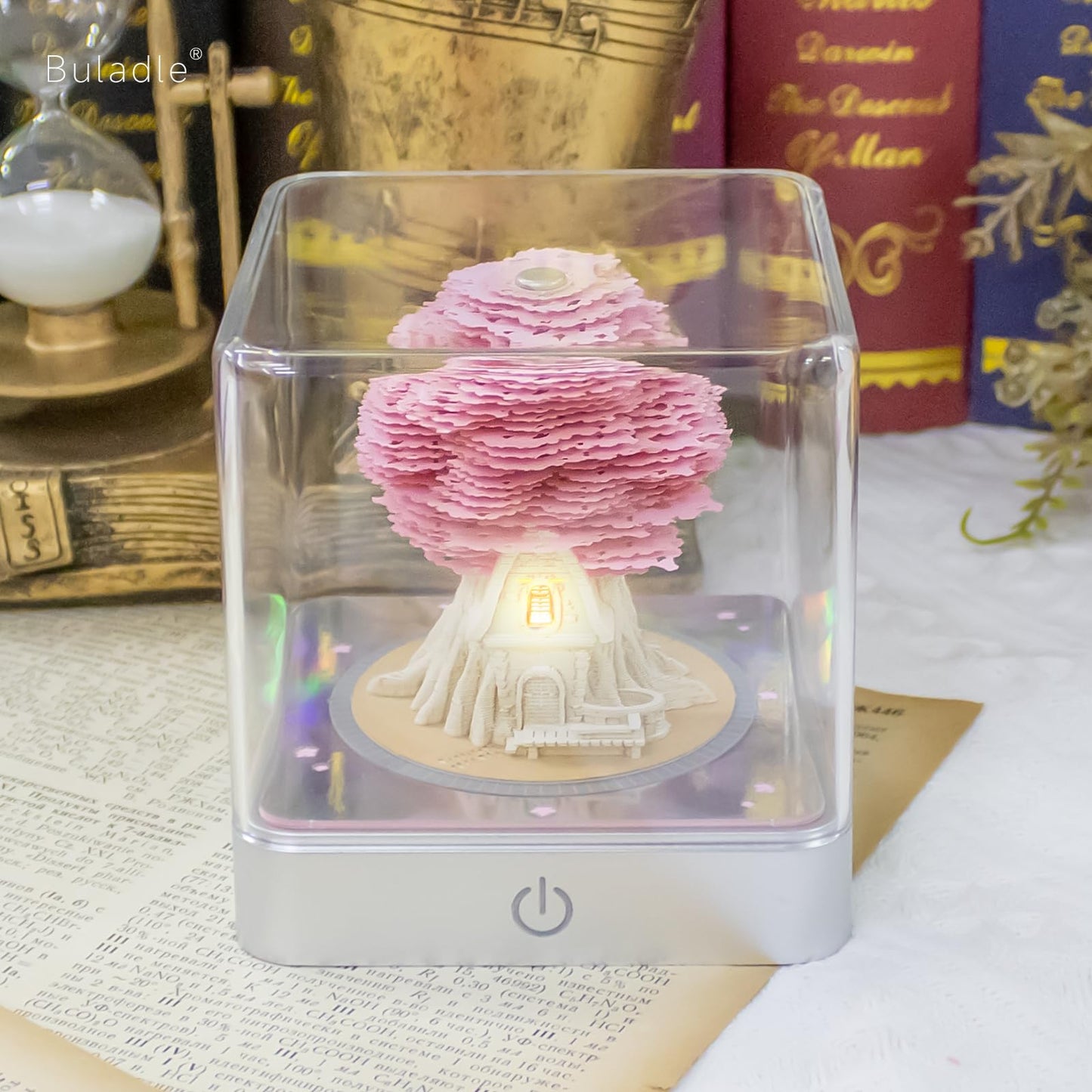 Buladle 3D Tree memo Pads Paper Desk Calendar with Light,DIY Creative Gifts,Non-Sticky Note Pad Cubes Note Cards Stickers Post Notes for Office/Home (Pink)