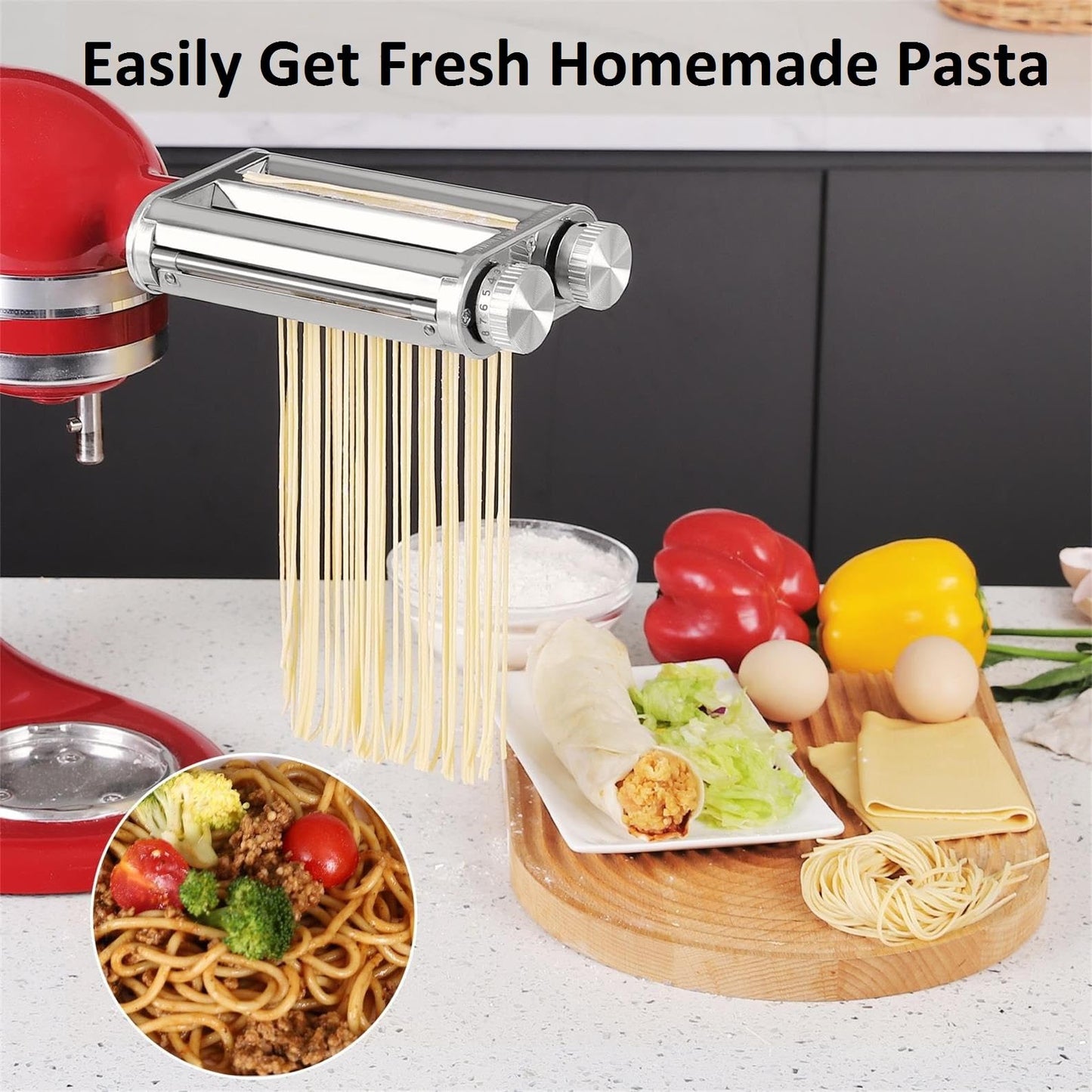 FavorKit Pasta Noodle Maker Attachment Set for KitchenAid Mixers Plus Hub Knob Screw Accessory Included Dough Sheet Roller, Spaghetti & Fettuccine Cutters-Unique Design
