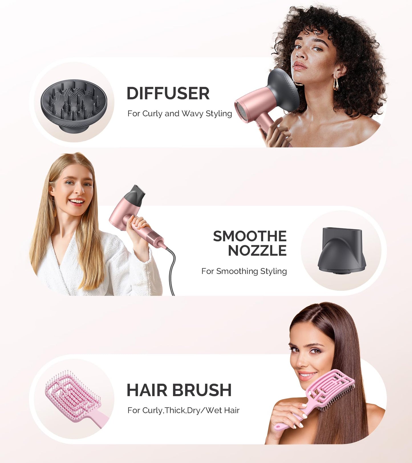 MelodySusie Hair Dryer with Diffuser,1600W Powerful Ionic Blow Dryer with Diffuser,Nozzle and Hair Brush,3 Temps & Stepless Speed,120000 RPM Fast Drying Low Noise Hairdryer,Ideal for Women Curly