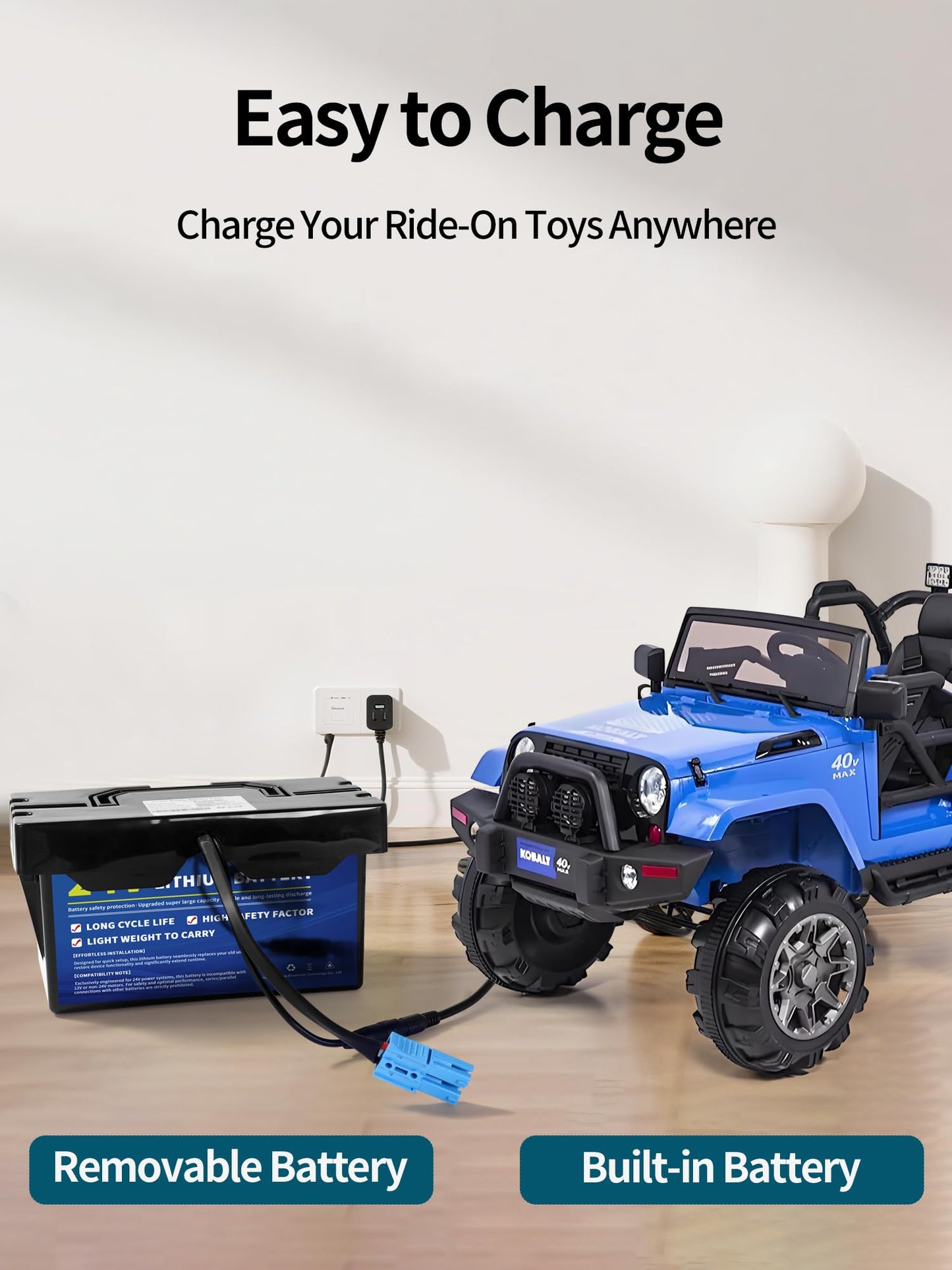 24V 7Ah Lithium Battery for Power Wheels, 24 Volt Replacement Battery for Ride-On Cars & Toys, Lightweight and Long-Lasting, 2A Fast Charger