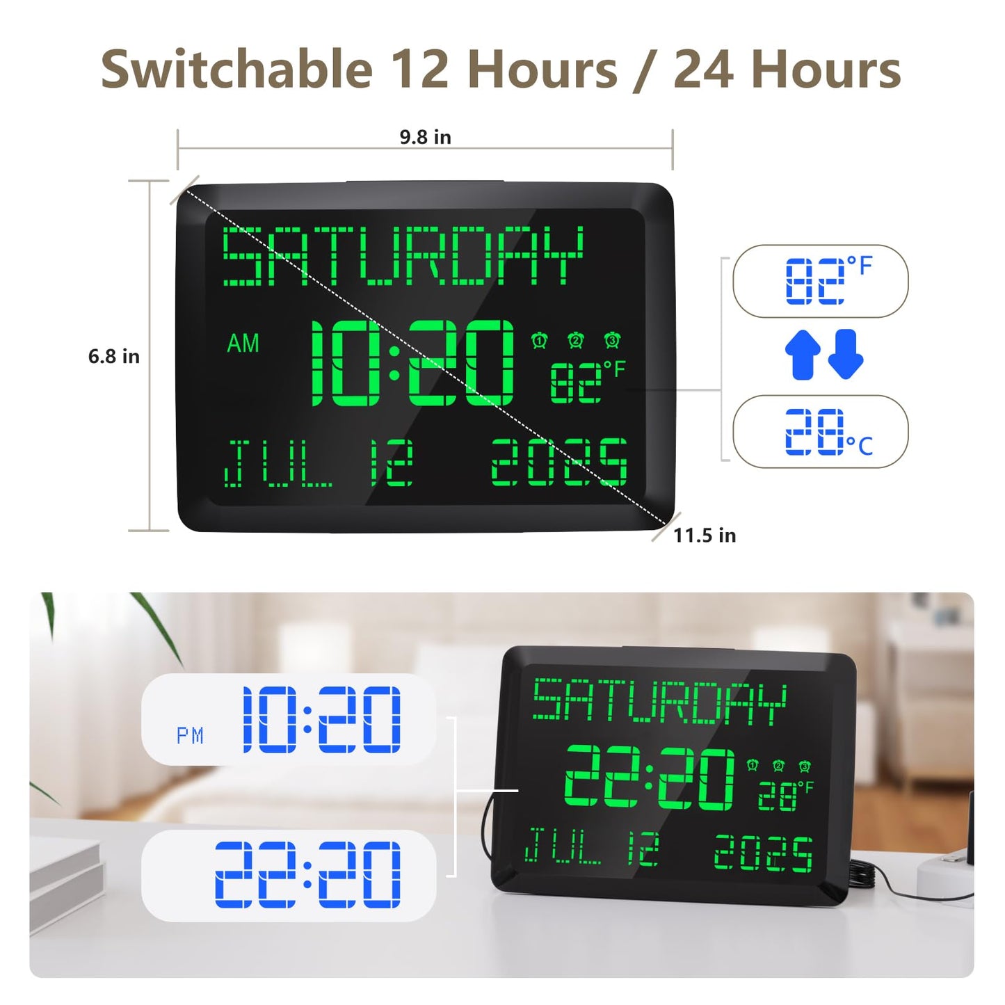 Raynic Day Clock, 11.5" Large Display Calendar Clock with Day and Date, Indoor Temperature, Adjustable Brightness, Snooze,12/24H, DST for Home, Office, Elderly