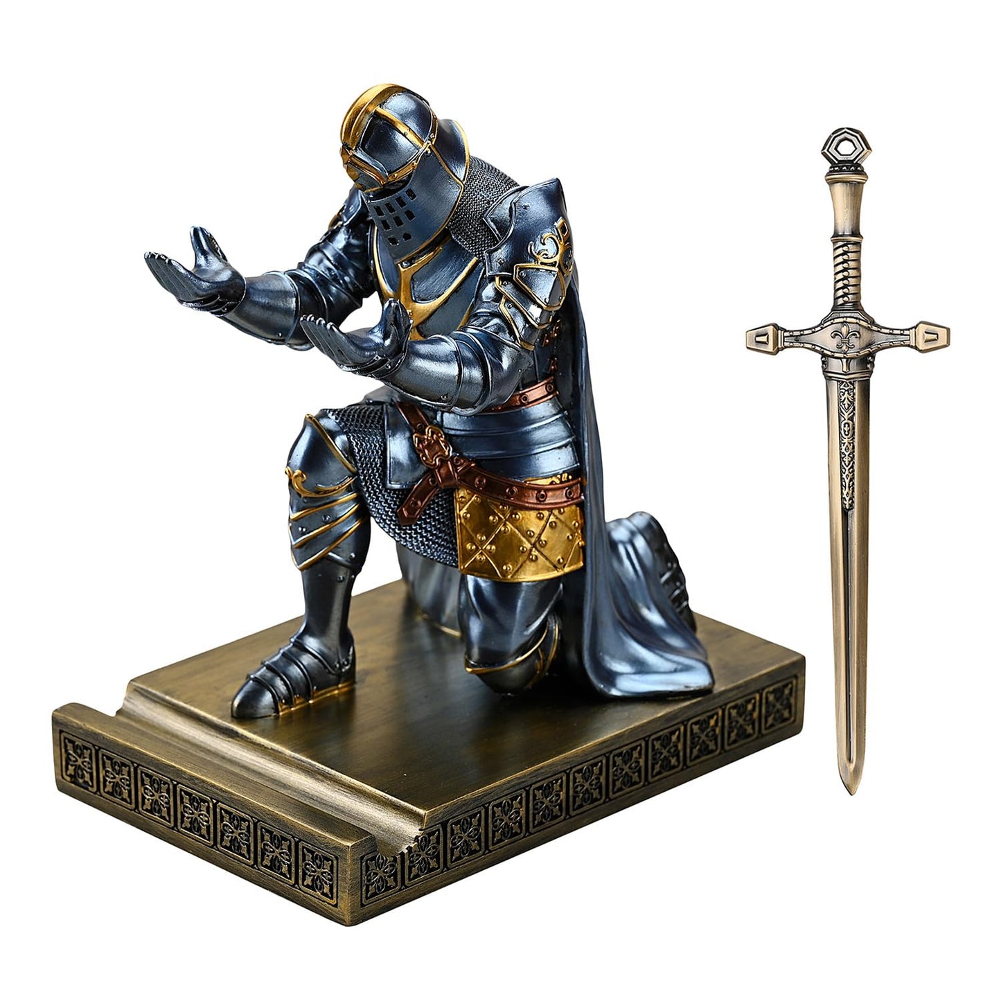 HDMbigmi King's Guard Leader Cloak Warrior Knight Pen Holder Mobile Phone Stand, Ornament Knight Statue, Pen Stand Paperweight for Office and Home (Blue)