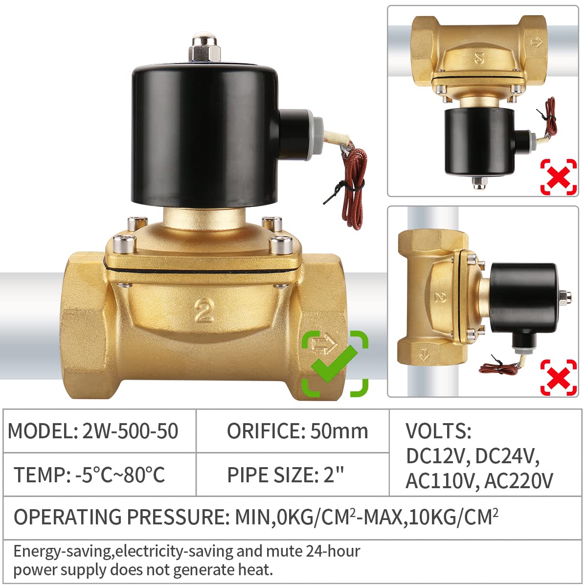 Baomain 2 inch AC 110V Brass Electric Solenoid Valve Water Air NC Valve 2W-500-50
